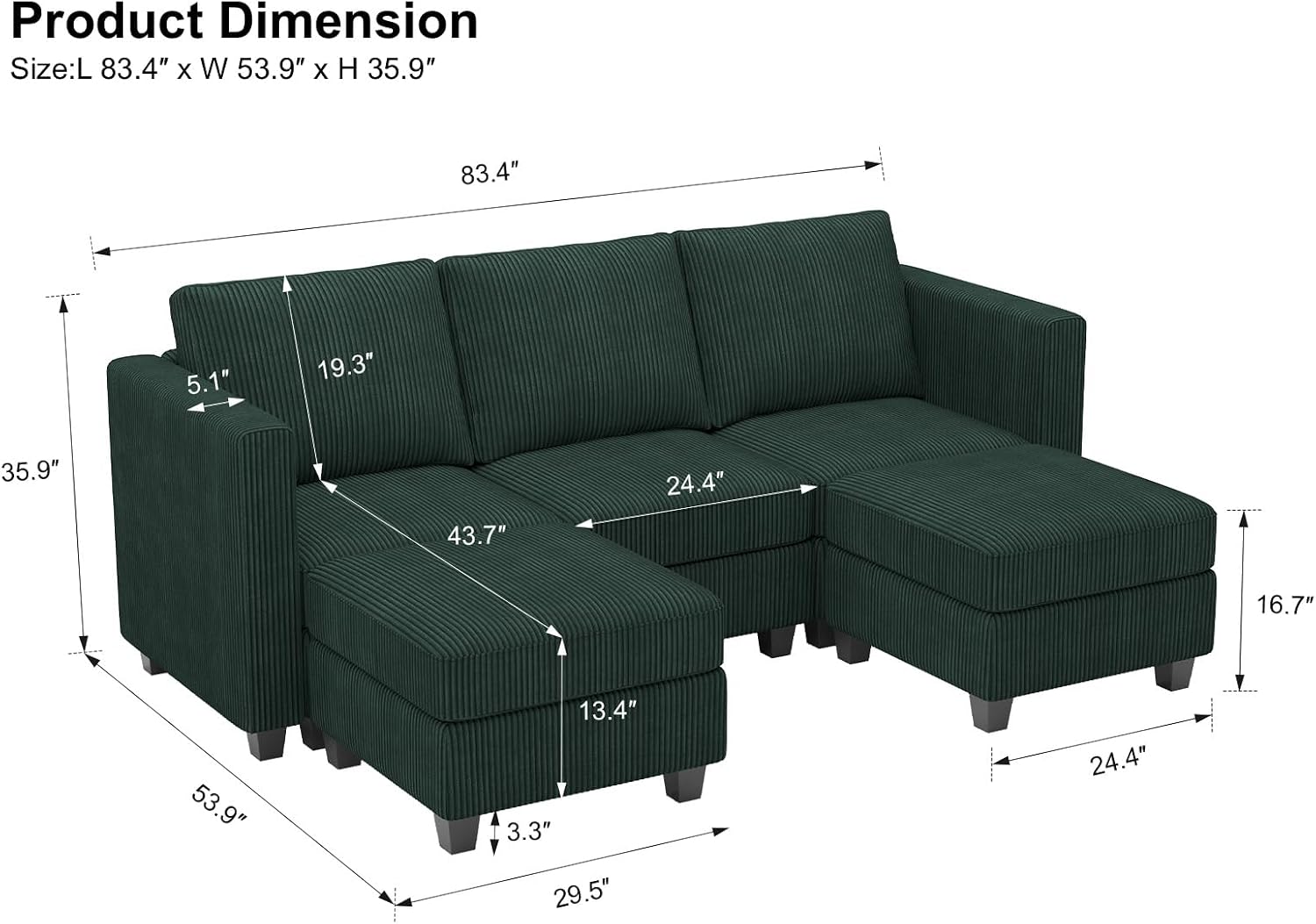 Belffin Modular Sectional Sleeper Sofa with Storage Ottoman, Corduroy Luxury Sectional Sofa with Chaise, Convertible Modern Sectional for Living Room, Green
