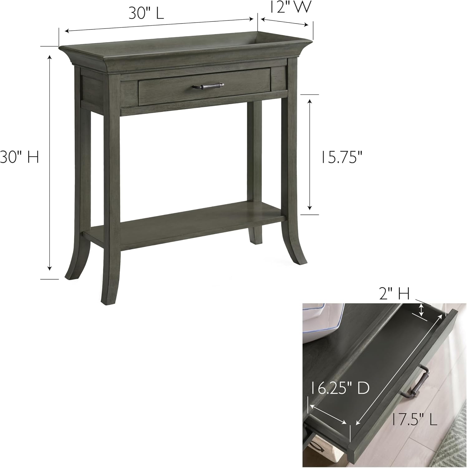 Topol Tray Edge Solid Wood Console Table with Drawer and Shelf, Smoke Gray Wash, Perfect for Entryways, Hallways, and Living Rooms – Leick Home, 10127-GR