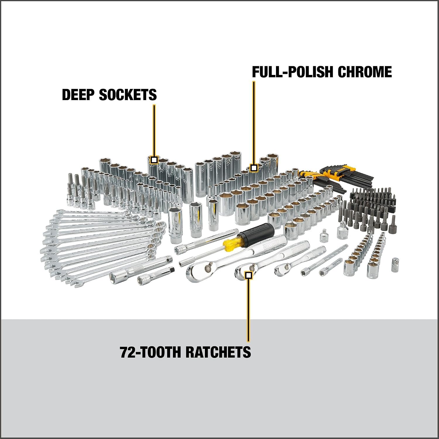 DEWALT Mechanic Tool Set, 247-Piece, 1/4 in., 3/8 in. and 1/2 in. Drive, SAE, Ratchets, Sockets, Hex Keys, Combination Wrenches, Polish Chrome Finish (DWMT81535)