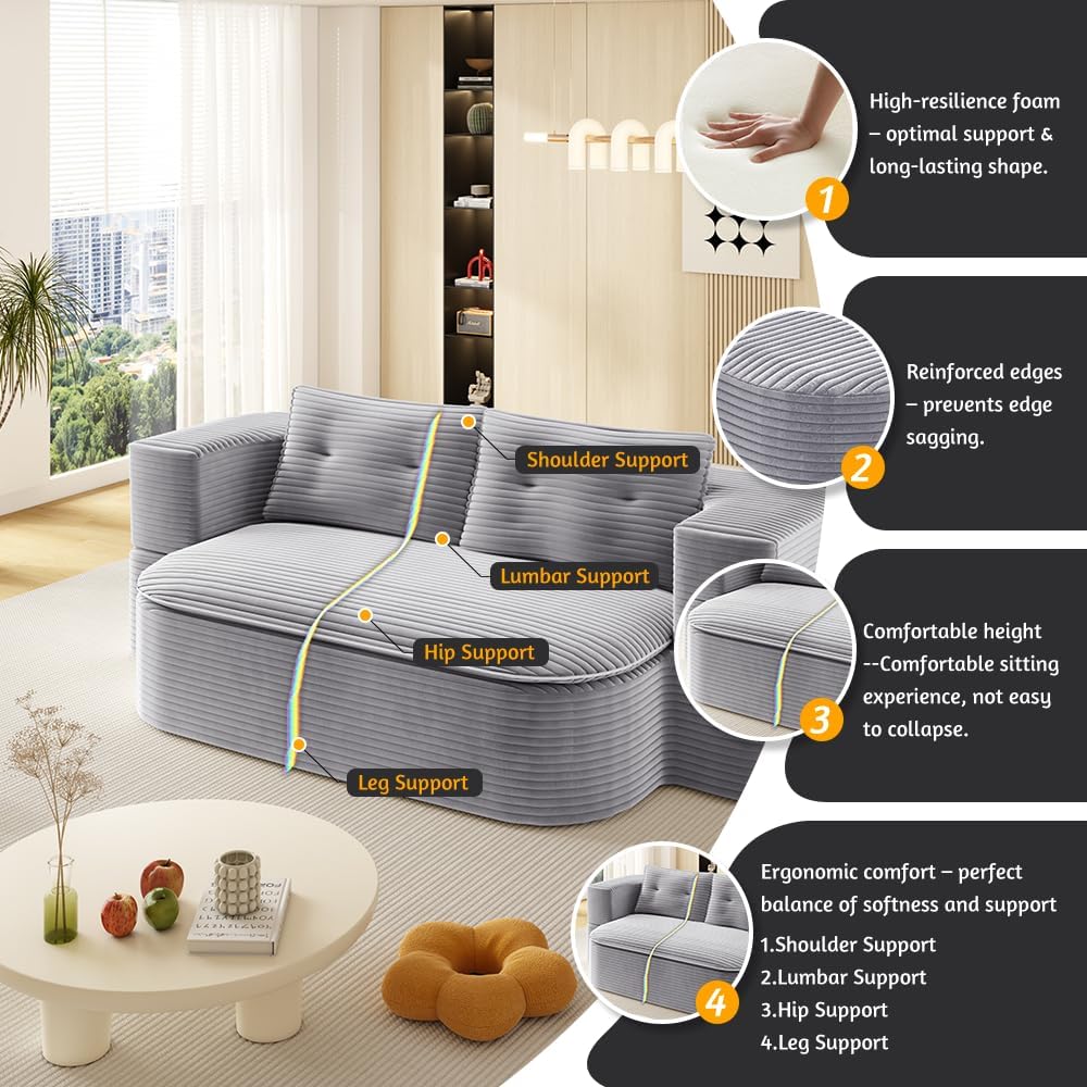 78.7' Convertible Folding Sofa Bed, Queen Sleeper Sofa with Multi Functional Blanket, Corduroy Fabric Floor & Futon Loveseat Couch, Foam Folding Mattress Sleeper for Living Room, Apartment, Light Grey