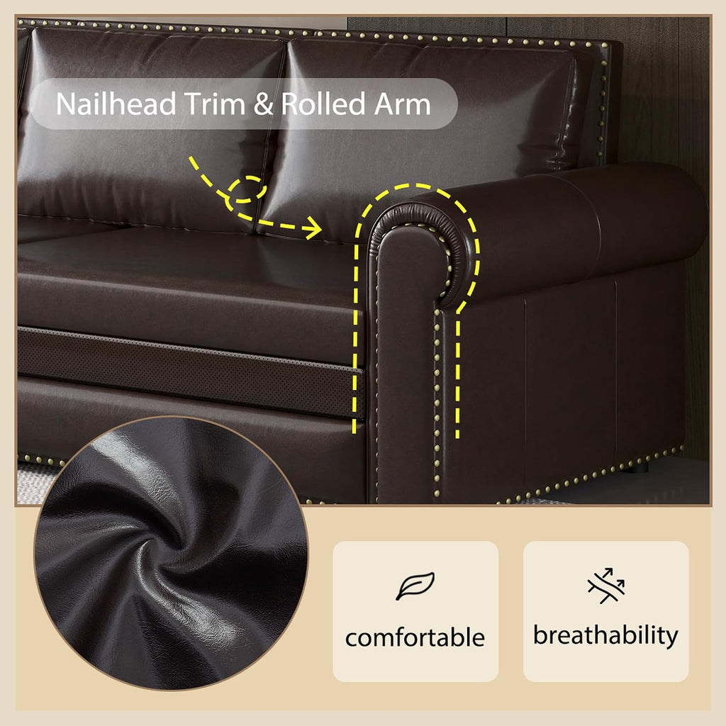 93.7' King Size Sleeper Sofa Bed, Pull Out Sofa Bed, Faux Leather Upholstery, 3 in 1 Convertible Sleeper Couch, Chaise Lounge, Retro Recliner for Living Room, Office, Apartment, Dark Brown