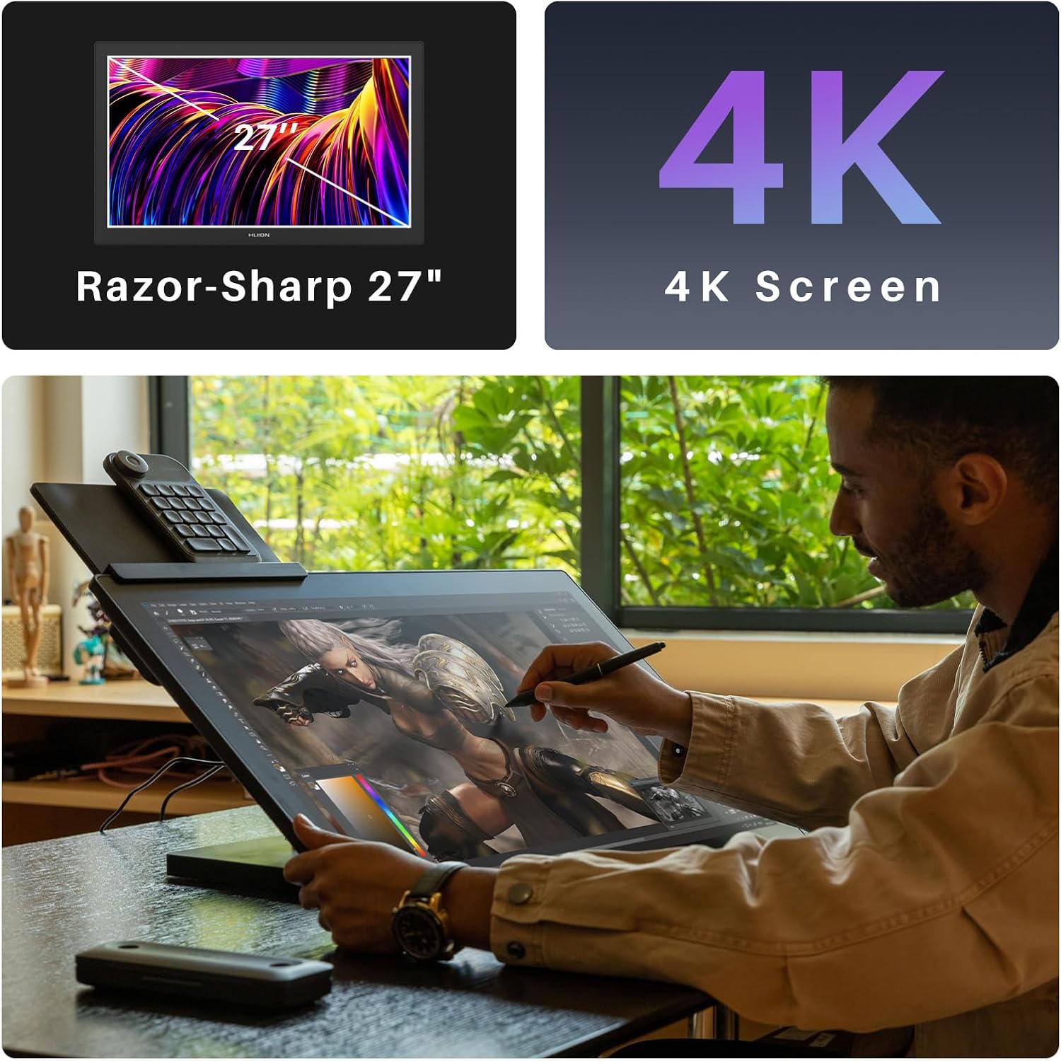 HUION KAMVAS Pro 27 4K UHD Drawing Tablet with Screen, PenTech 4.0 Battery-Free Stylus with Anti-Glare Canvas Glass 2.0 Full Laminated Graphics Tablet, 98% Adobe RGB Multi-Touch Screen for Artist