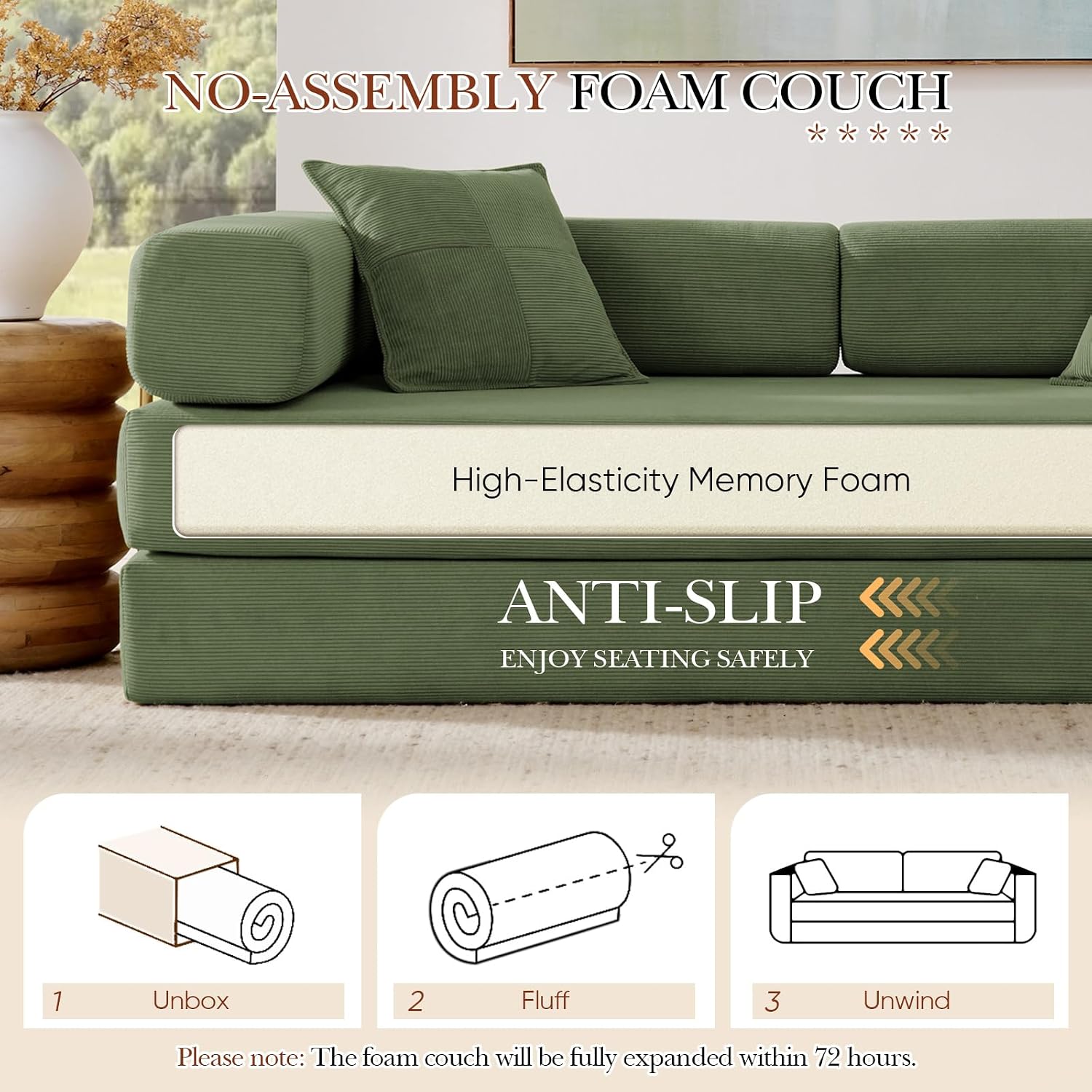 Modular Couch Bed, Convertible Folding Plush Corduroy Comfy Floor Memory Foam Compression Loveseat Sleeper Sofa Couch, King Size Bed for Guest Room Living Room Bedroom, No Assembly, Olive Green
