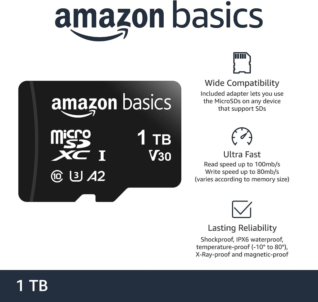 Amazon Basics microSDXC Memory Card with Full Size Adapter, A2, U3, Read Speed up to 100 MB/s, 1 Tb, Black