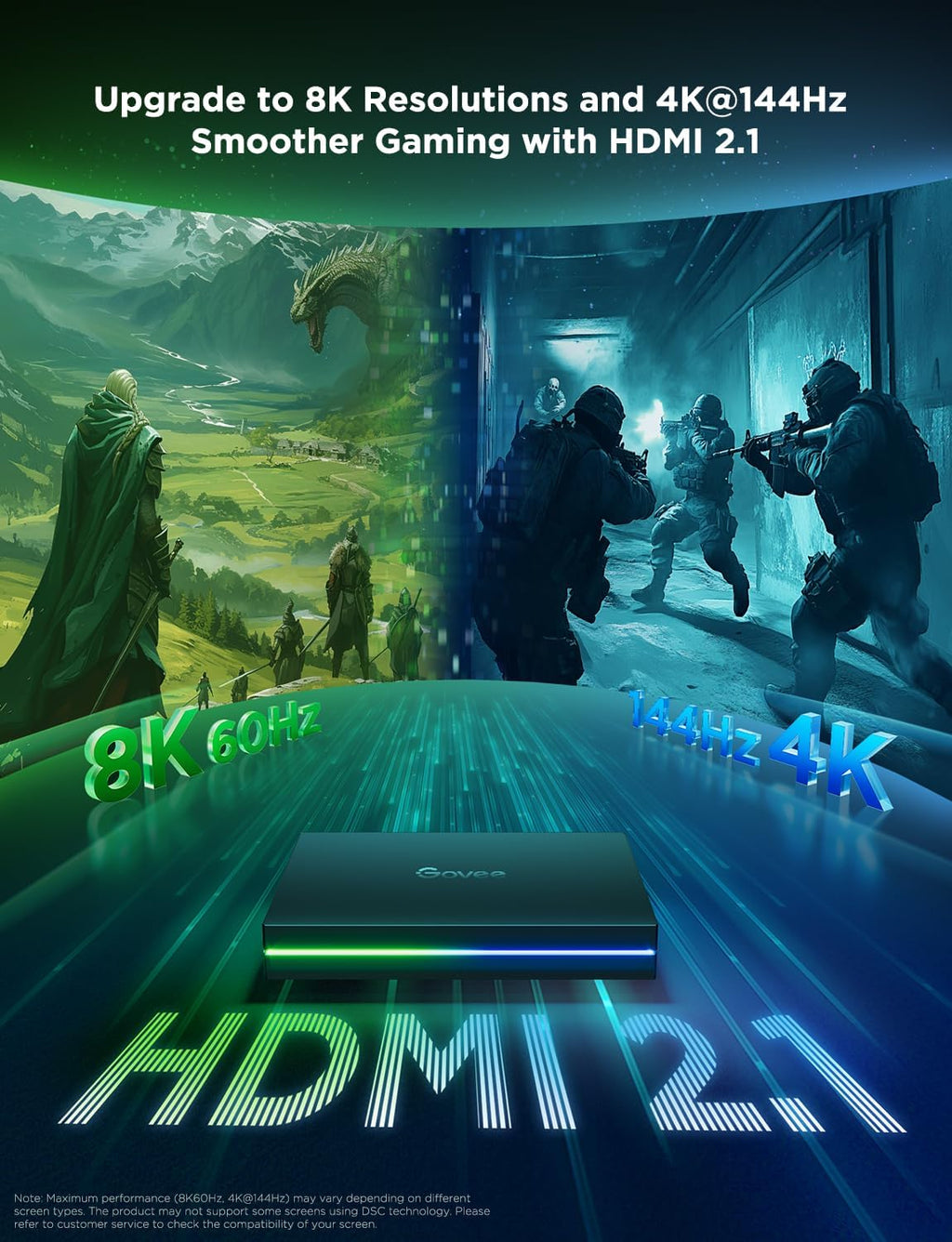 Govee HDMI 2.1 Sync Box 2, AI Sync Box with TV Backlight, Supports 8K@60Hz, 4K@144Hz, VRR and ALLM, Works with SmartThings, Matter and Alexa, RGBIC LED Light Strip for 55-65 inch TVs, 75 LEDs/m
