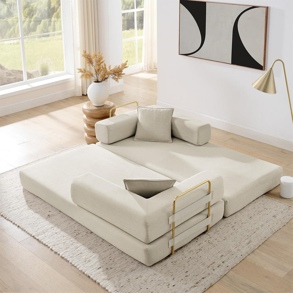Antetek Modular Couch Bed, Convertible Folding Plush Corduroy Comfy Floor Memory Foam Compression Loveseat Sleeper Sofa Couch, King Size Bed for Guest Room Living Room Bedroom, No Assembly, Cream