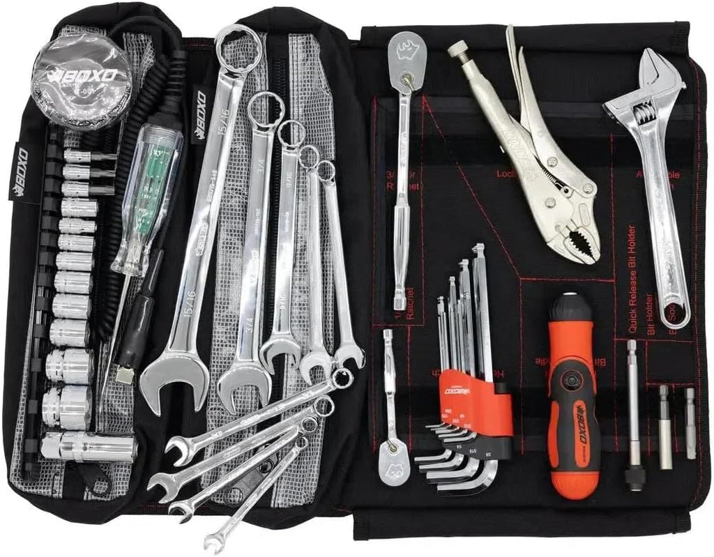 SR1 Performance Boxo USA Motorcycle Tool Kit - 48-Piece Compact Tool Roll for Harley Davidson, Indian Motorcycles, and other V-Twin Brands
