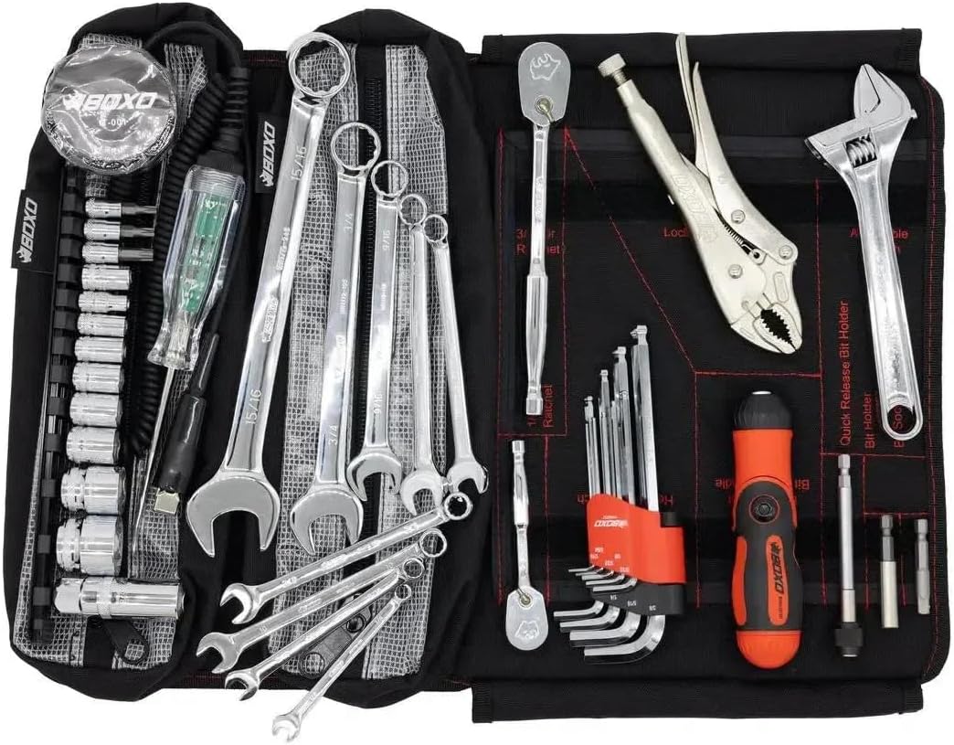 SR1 Performance Boxo USA Motorcycle Tool Kit - 48-Piece Compact Tool Roll for Harley Davidson, Indian Motorcycles, and other V-Twin Brands