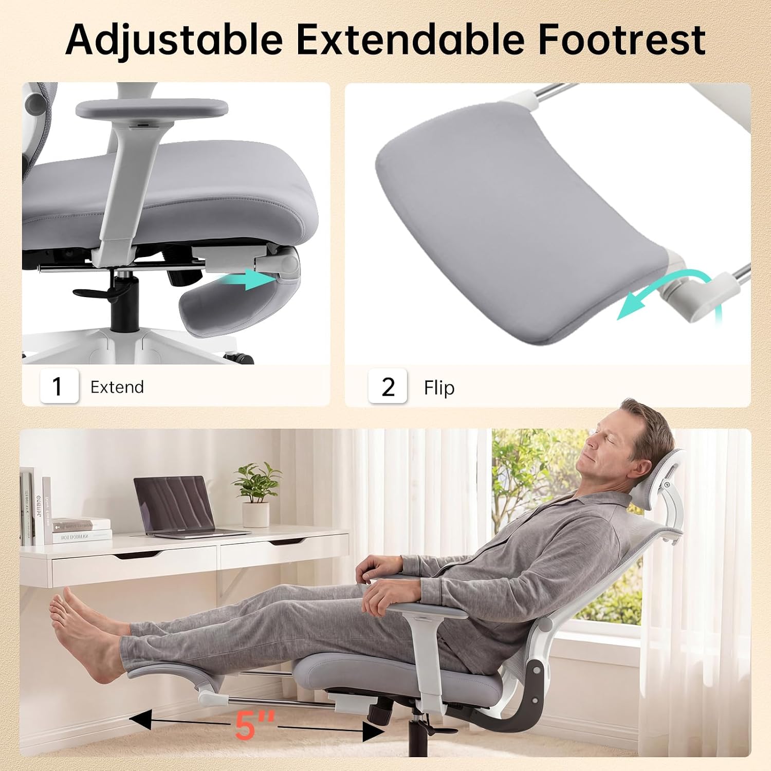 Foldable Office Chair with Foot Rest, Ergonomic Office Chair with Adjustable Lumbar Support, Headrest, Armrest, Home Office Desk Chairs for Space Saving, Grey