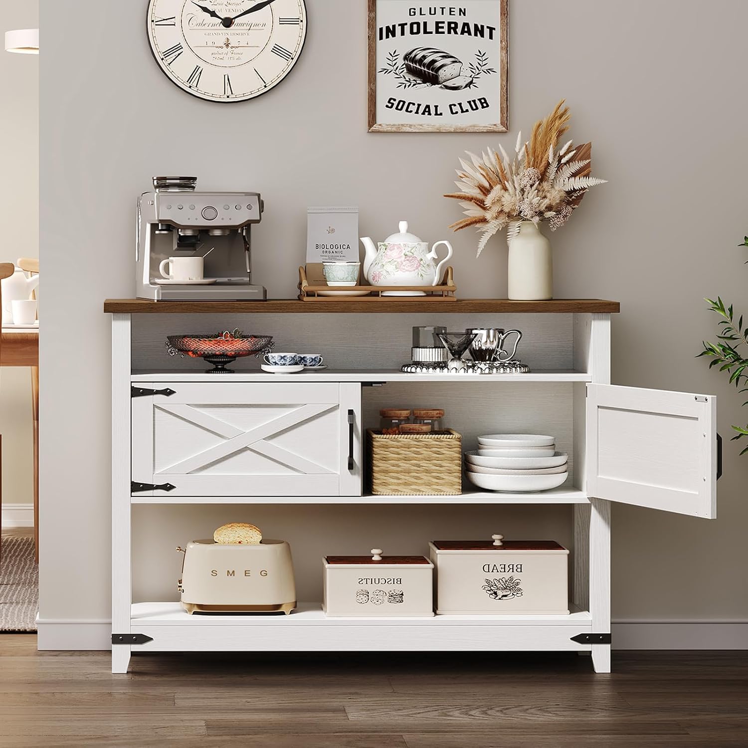 HOOBRO Farmhouse Console Table with Storage, 47.2' Long Entryway Table, White Sofa Table with Doors and Cabinets, Narrow Sofa Table Behind Couch, for Hallway, Foyer, White and Walnut