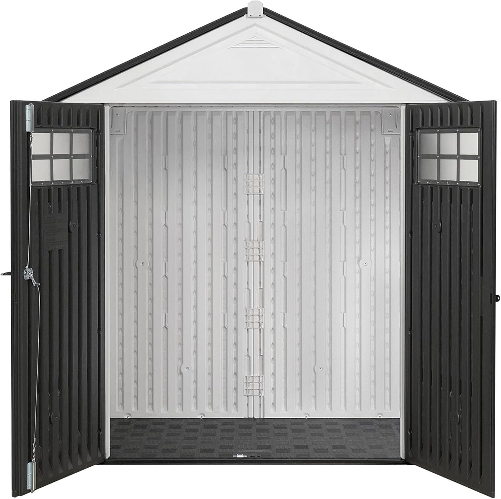 Rubbermaid Resin Outdoor Storage Shed With Floor (7 x 3.5 Ft) Weather Resistant, White, Organization for Home/Backyard/Garden Tools/Lawn Mower/Bike Storage/Pool Supplies