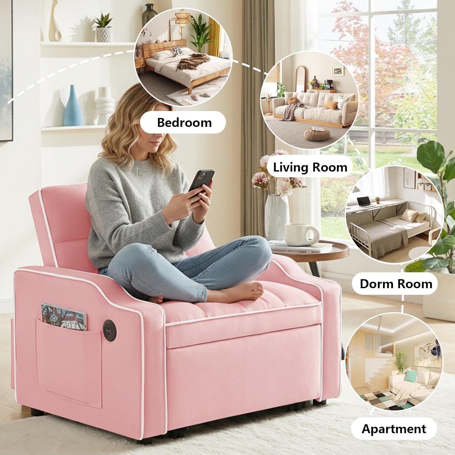 Majnesvon Modern Velvet Fabric Sofa Bed Futon,3 in 1 Convertible Pullout Bed Couches with 3 Reclining Backrests,Phone Stand,Small Sofa Single Sleeper Chair Bed for Living Room Bedroom (Pink)