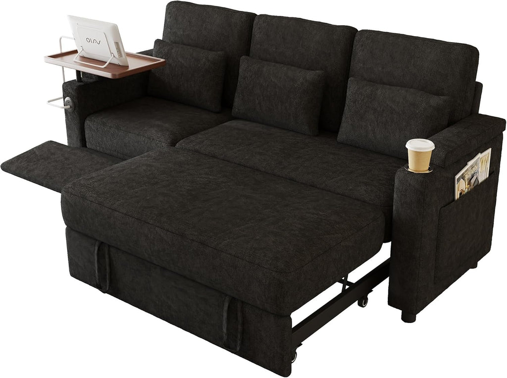 Queen Sectional Sleeper Sofa with Reclining Chair, Multi-Functional 3-Seater Couch with Pull Out Bed, Feature Cup Holder, Laptop Table and USB Port for Living Room, Apartment