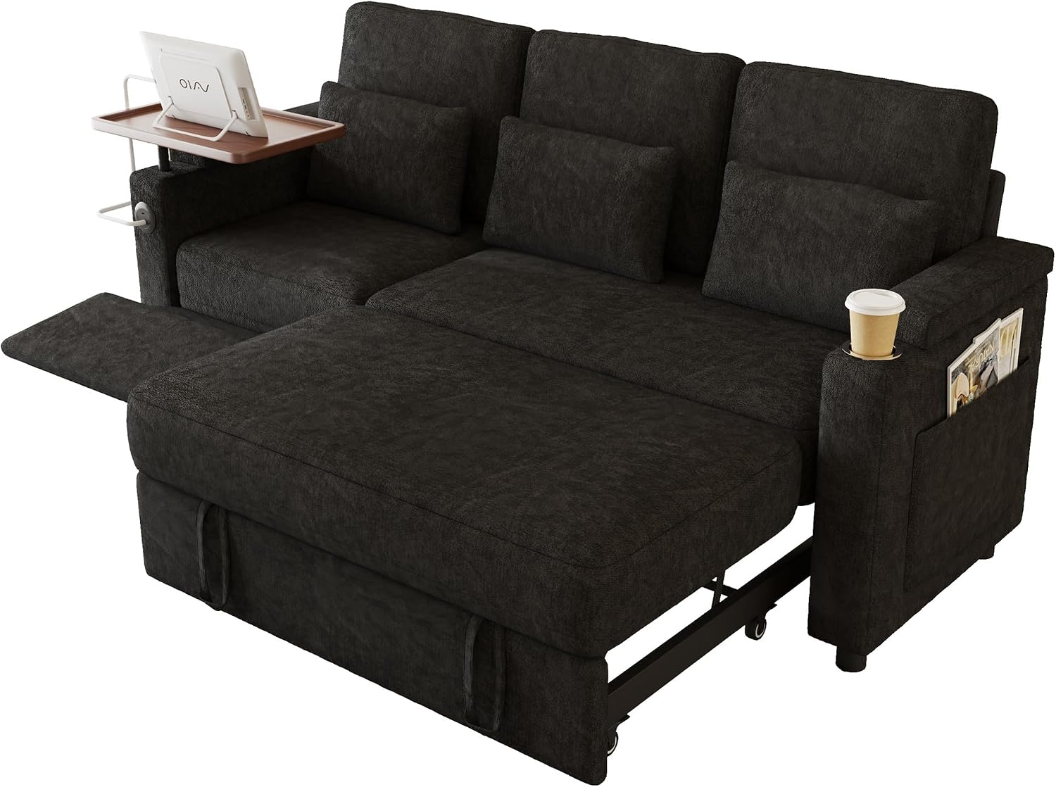 Queen Sectional Sleeper Sofa with Reclining Chair, Multi-Functional 3-Seater Couch with Pull Out Bed, Feature Cup Holder, Laptop Table and USB Port for Living Room, Apartment