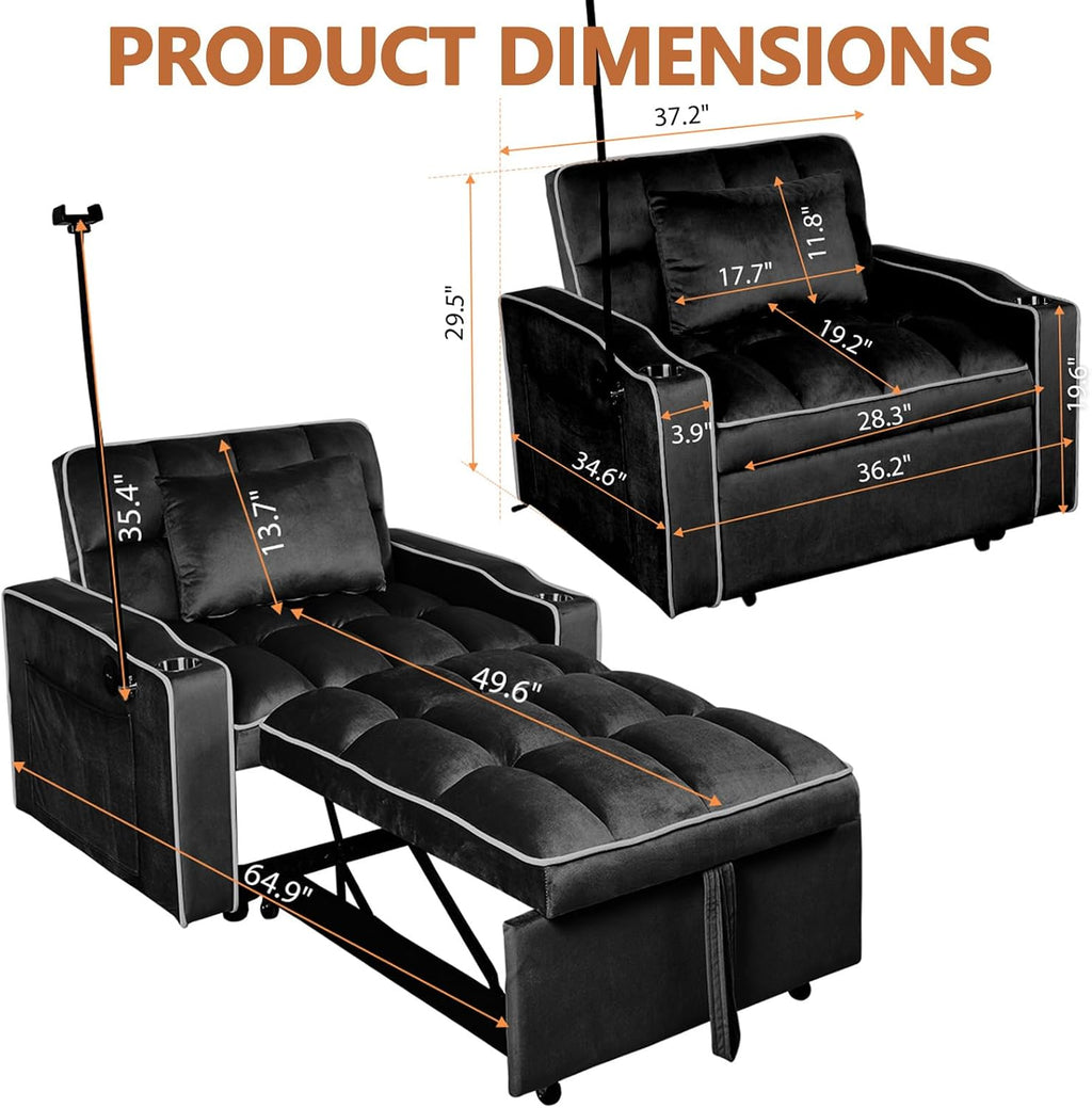 Majnesvon Modern Velvet Fabric Sofa Bed Futon,3 in 1 Convertible Pullout Bed Couches with 3 Reclining Backrests,Phone Stand,Small Sofa Single Sleeper Chair Bed for Living Room Bedroom (Black)