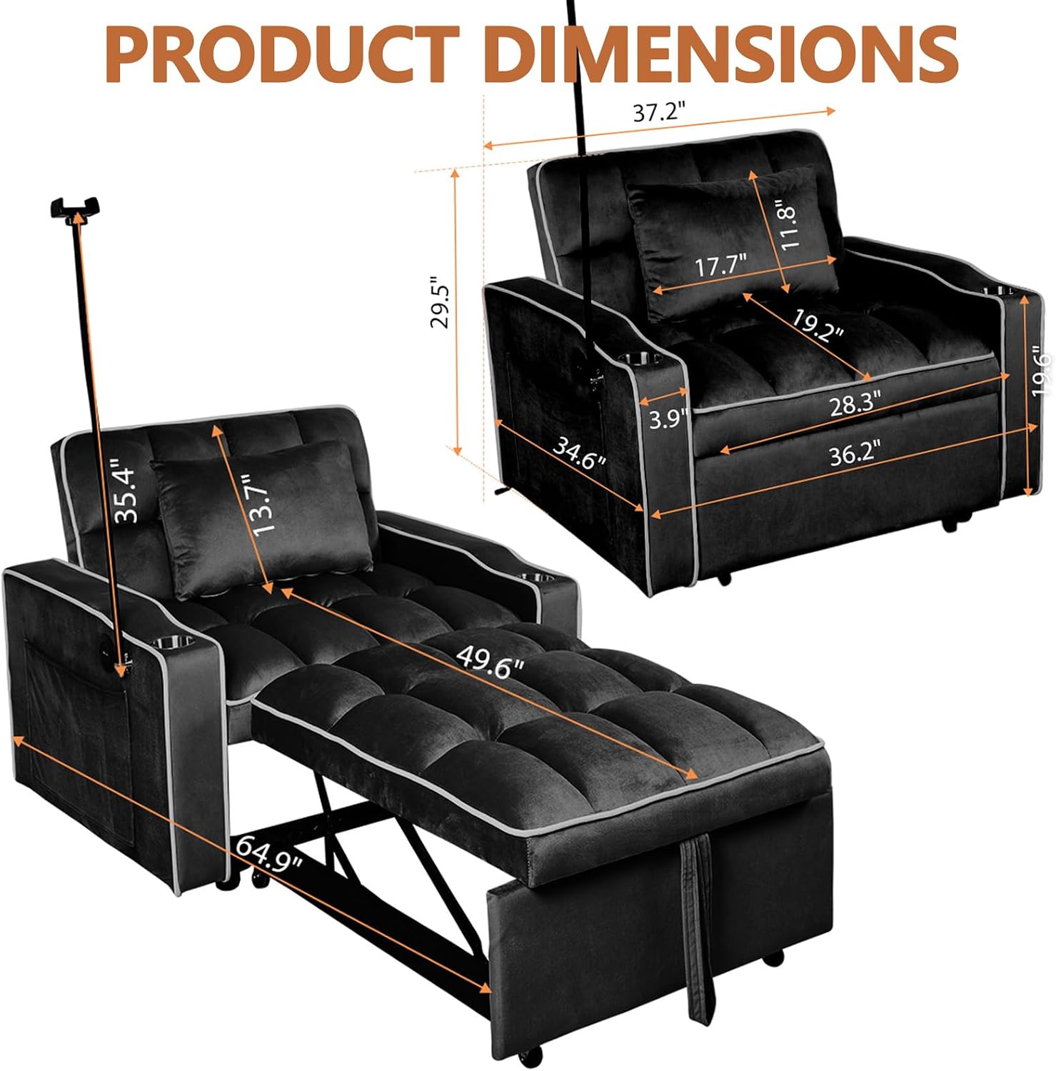 Majnesvon Modern Velvet Fabric Sofa Bed Futon,3 in 1 Convertible Pullout Bed Couches with 3 Reclining Backrests,Phone Stand,Small Sofa Single Sleeper Chair Bed for Living Room Bedroom (Black)