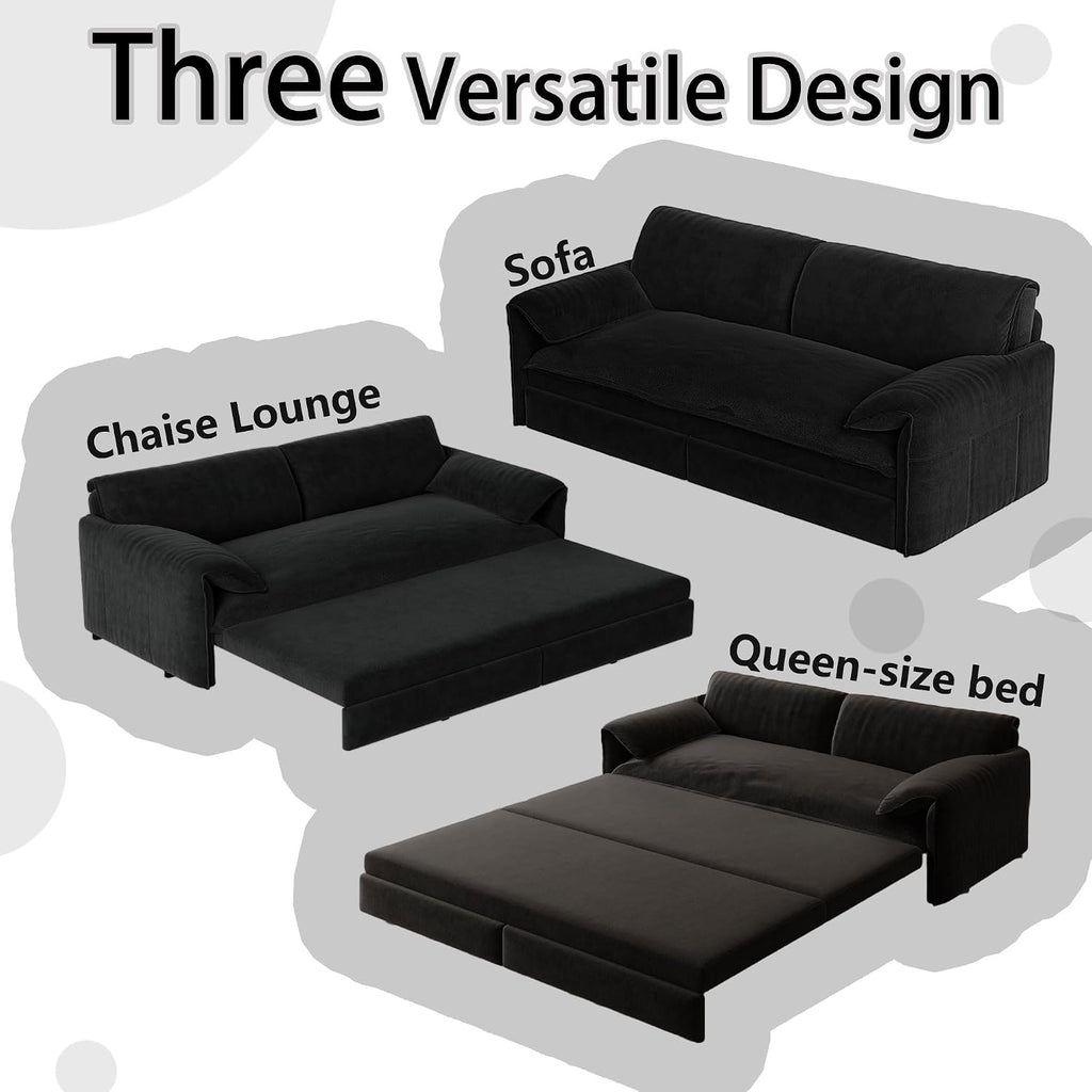 66' Queen Size Pull Out Sofa Bed, 3-in-1 Convertible Sleeper with Side Storage and Wheels, Velvet Loveseat for Living Room, Apartment, Bedroom, Black (Mattress & Bedding Not Included)