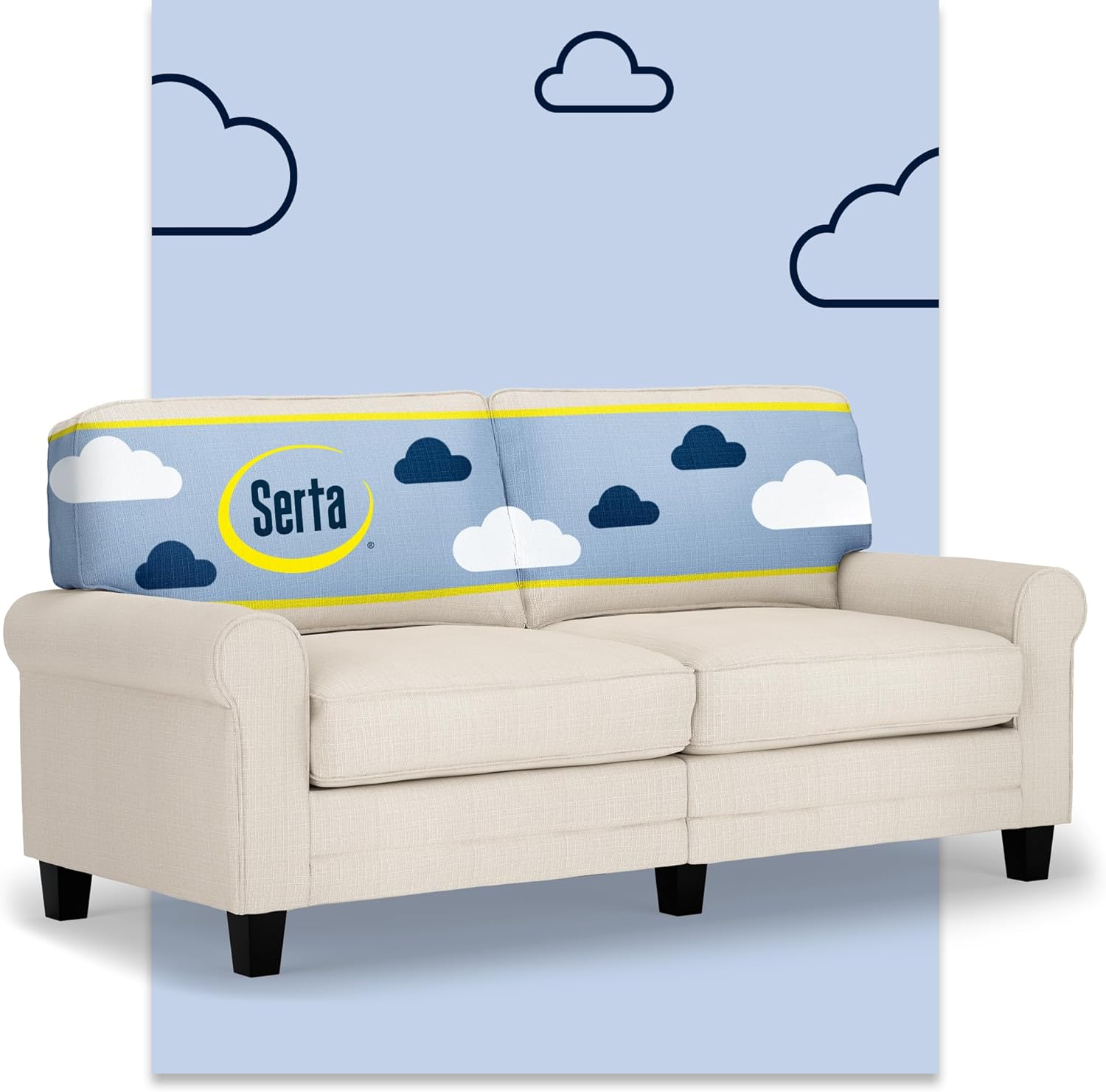 Serta Copenhagen 73' Rolled Arm Sofa, Easy Care Polyester, Soft Pillow Back, Pocket Coil Seat Cushions, Removable Covers, Loveseat or Couch for Small Spaces, Living Rooms or Bedrooms, Buckwheat Beige