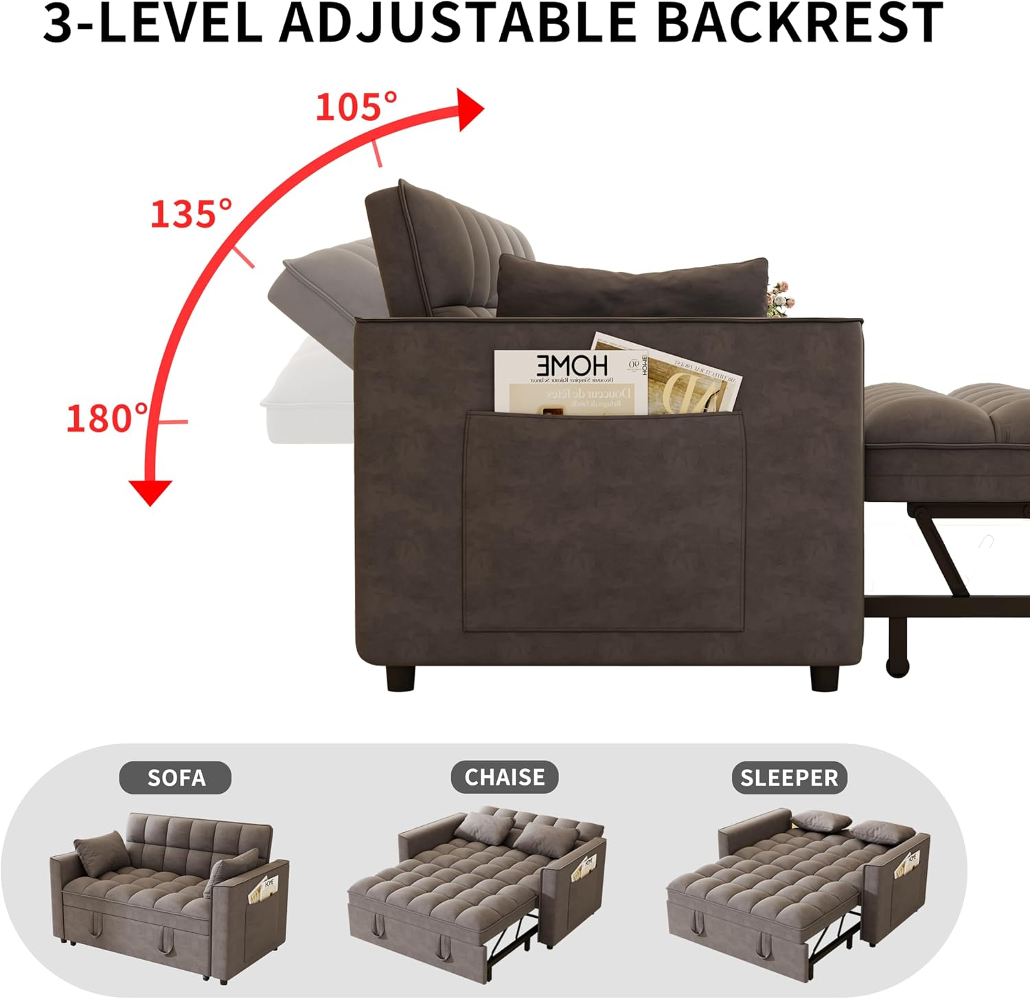 KEIKI 2-Seat Velvet Sofa Bed w/Adjustable Backrest & Side Pockets, Cloud Chair for Living Room, Multifunctional Pull Out Bed – Dark Gray