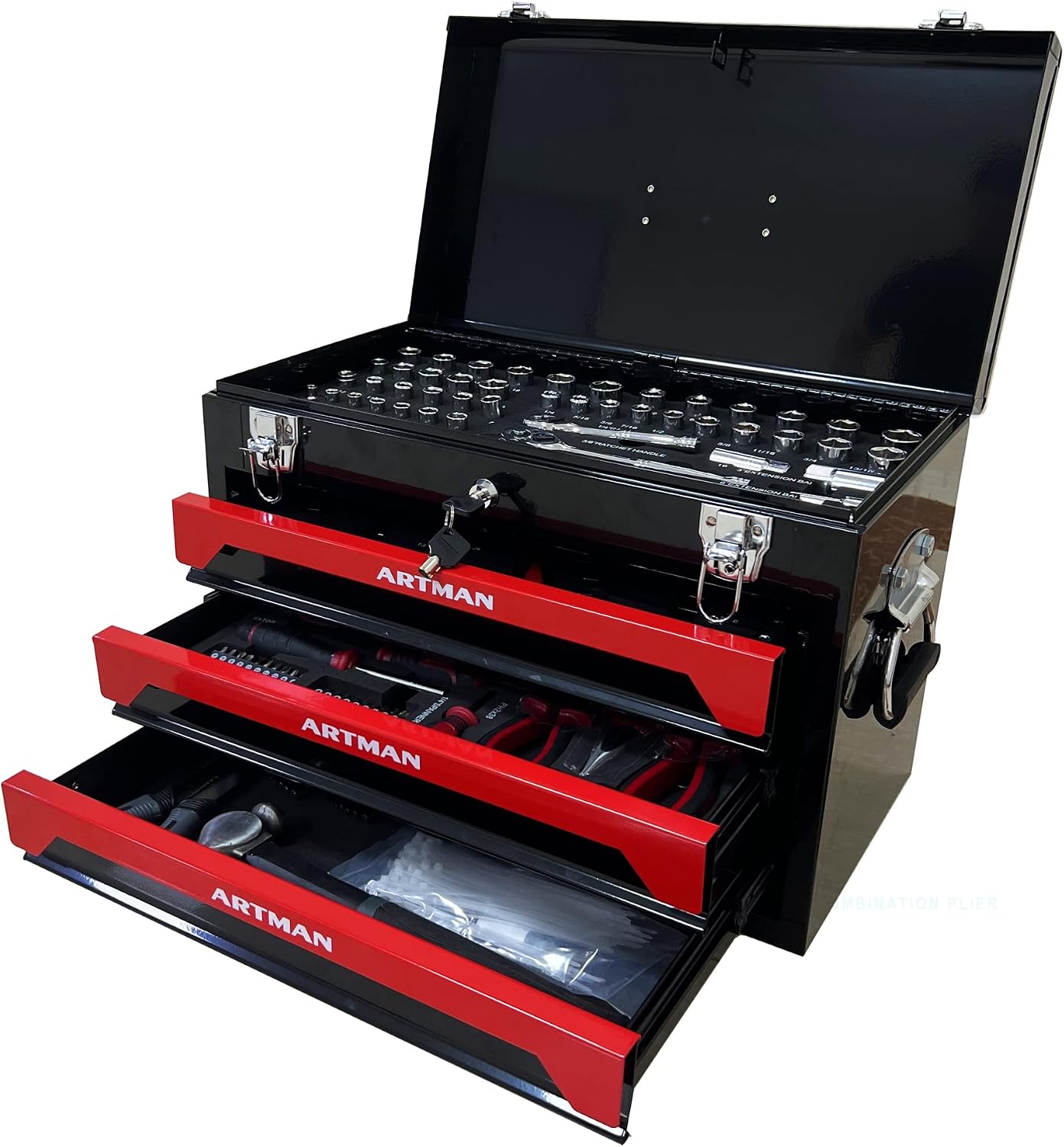 439 Piece Mechanics Tool Set, 3 Drawer Heavy Duty Metal Box with Household Tool Kit, Portable Tool Organizer Case for Auto Repair, Garage, Warehouse, Workshop, Repair Shop (Red & Black)