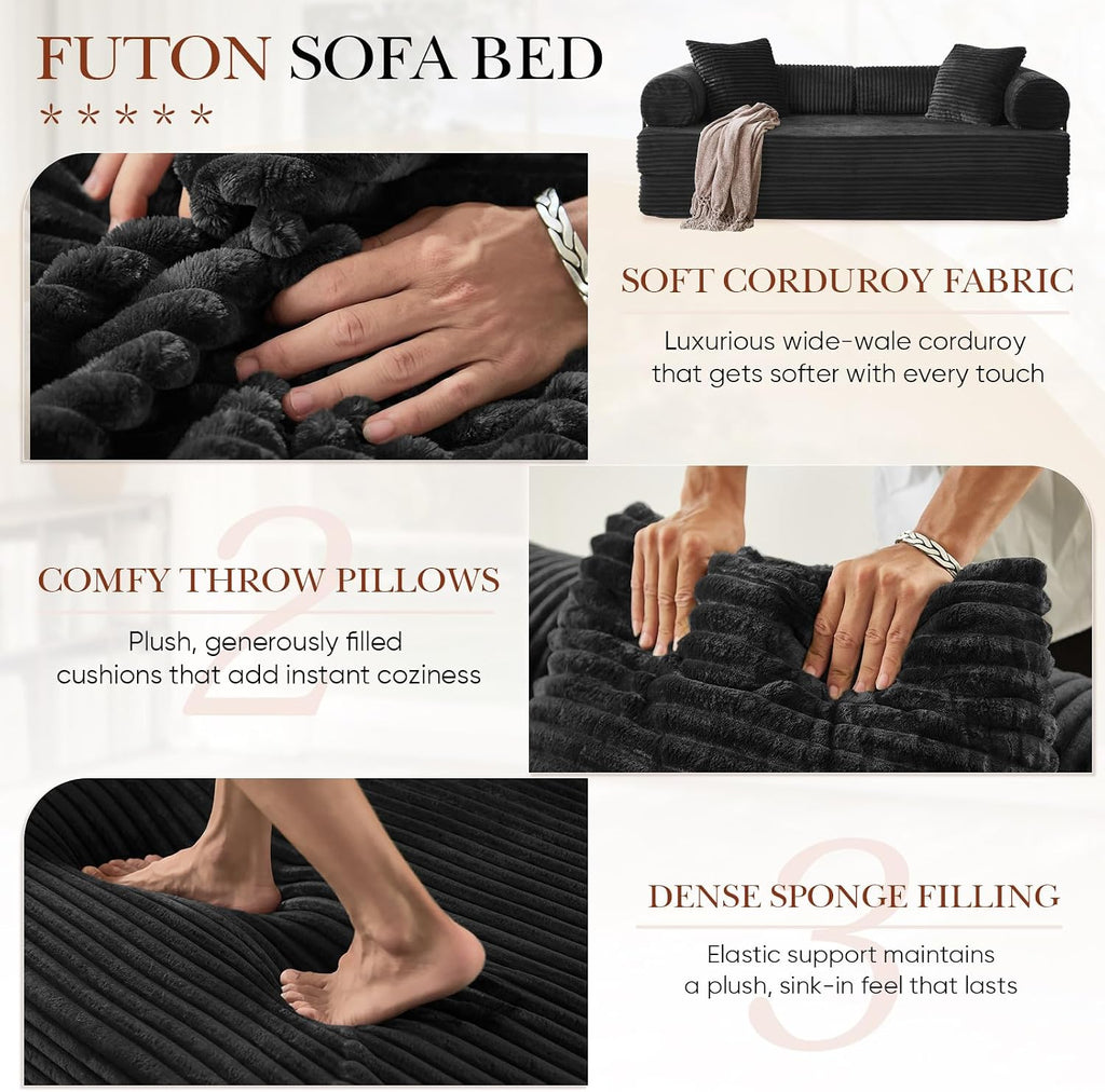 Antetek Modular Couch Bed, Convertible Folding Plush Corduroy Comfy Floor Compression Loveseat Sleeper Sofa Couch, King Size Bed for Guest Room Living Room Bedroom, No Assembly Required, Black