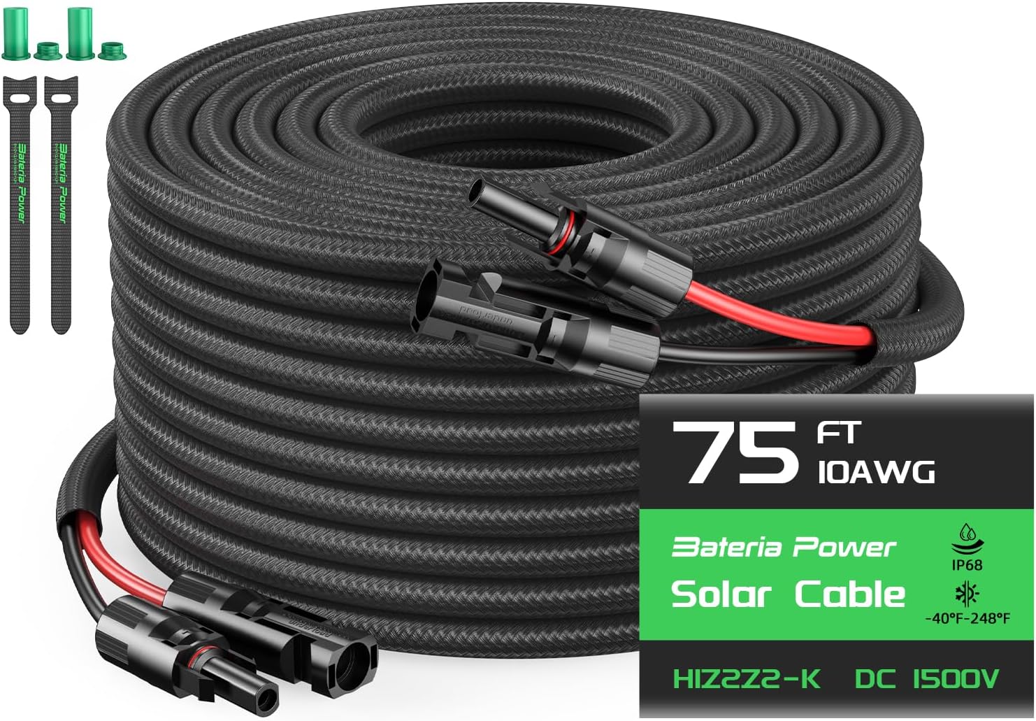Bateria Power 75FT 10AWG Solar Panel Extension Cable, Flame Retardant Protective Sleeving, Twin Wire 10 Gauge Solar Cable with IP68 Female & Male Waterproof Connectors, Dust Caps for Home, RV