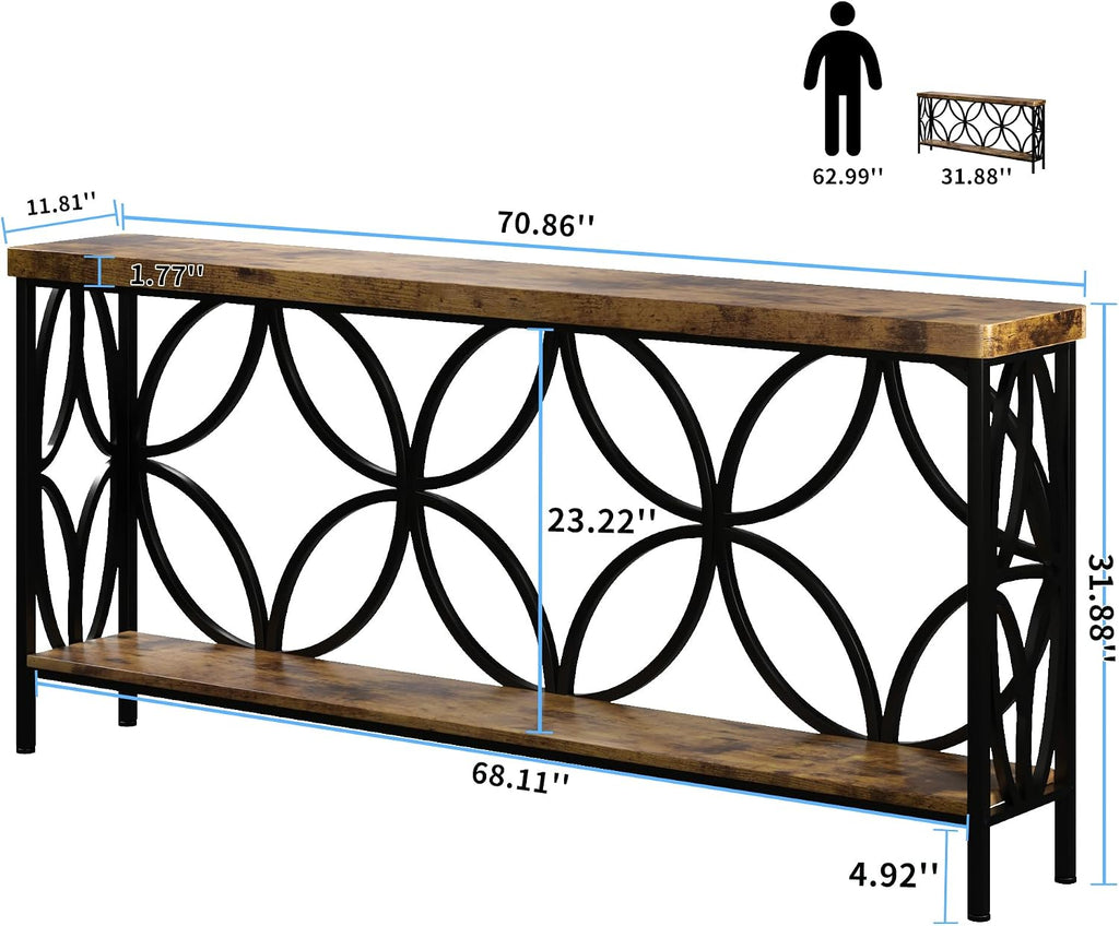 karlott 70.9 inch Extra Long Console Table, Industrial Sofa Table Behind Couch with 2 Tier Storage Shelf, Narrow Long Entryway Table for Living Room, Foyer, Hallway, Office, Rustic Brown