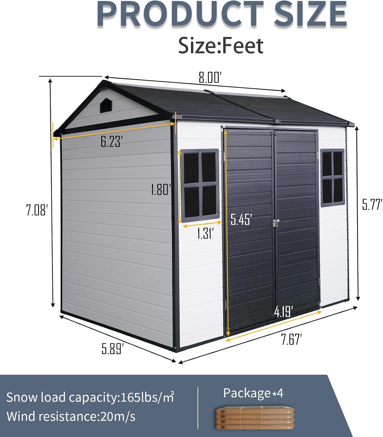 8x6FT Storage-Shed Outdoor-Resin with-Floor - Tool Shed Waterproof with Lockable Door 2 Windows for Backyard Garden Patio Lawn