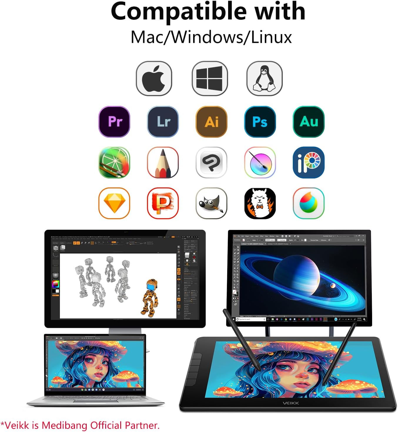 VEIKK Studio 16 Drawing Tablet with Screen, 15.6 Inch Pen Display Full-Laminated Anti-Glare Glass (125% sRGB)，16384 Pressure Battery-Free Pen (2 Pcs), 5 Shortcut Keys and Quick Dial, Adjustable Stand