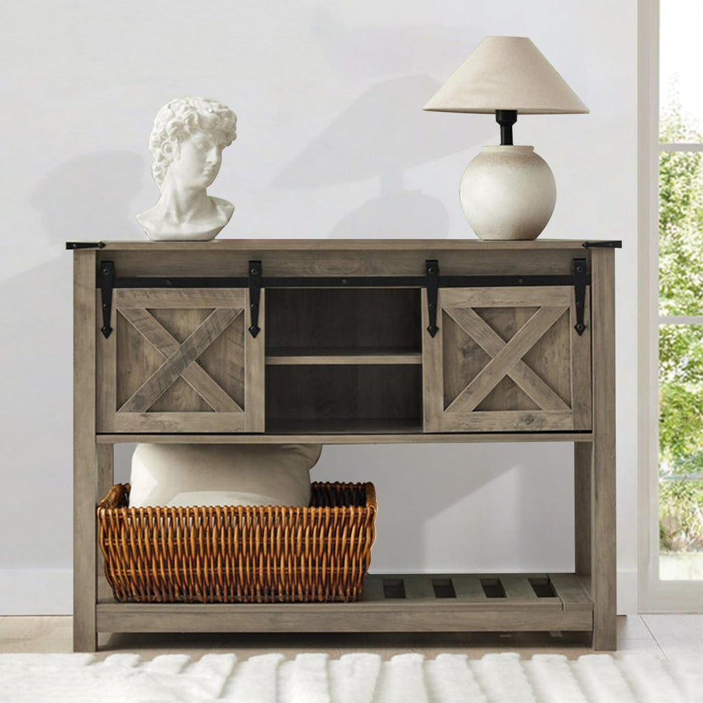 Farmhouse Entryway Table Set of 3, Console Table with Storage and 2 End Tables, Rustic Sofa Table Set for Living Room, Hallway, Bedroom, Grey