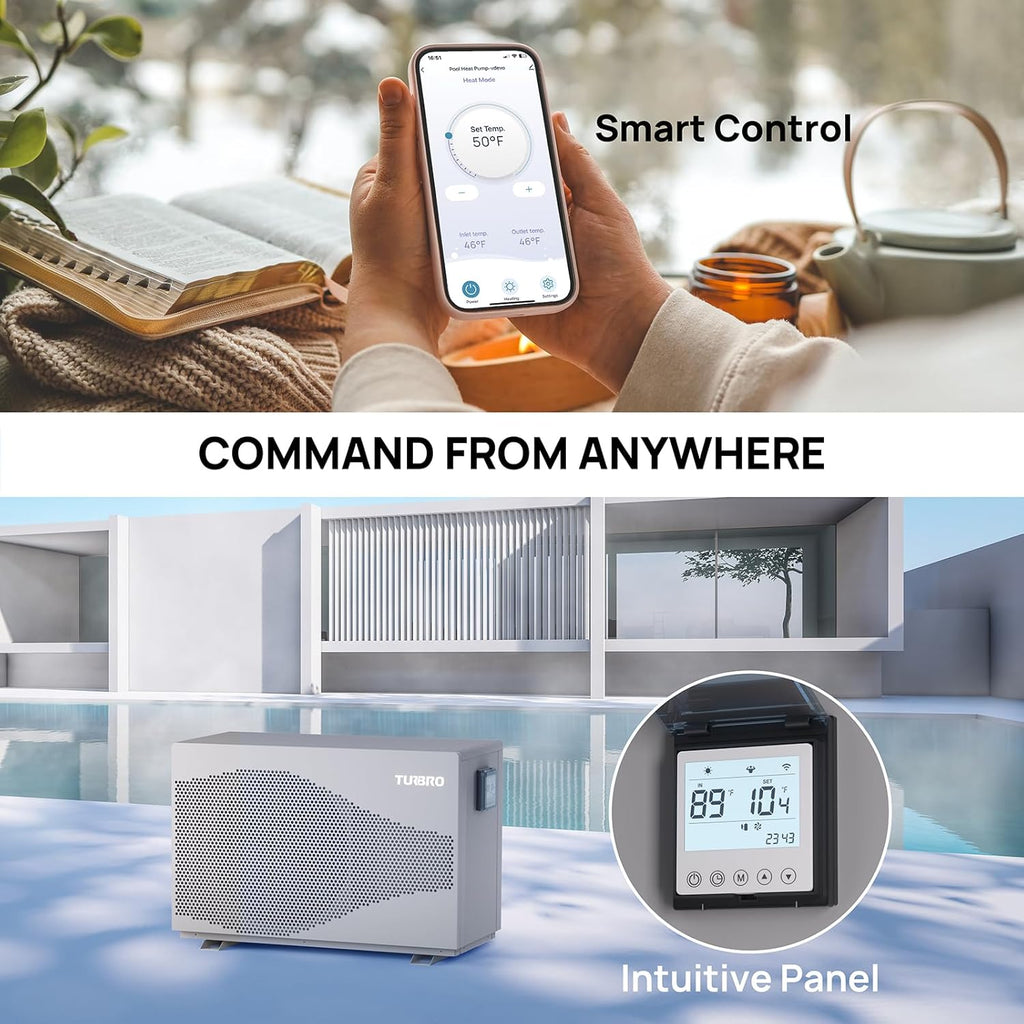 TURBRO 58,000 BTU Inverter Swimming Pool Heat Pump, Up to 18,000 Gallons, Up to 15.8 COP, Smart WiFi Control, Heating & Cooling for Inground and Above Ground Pools, 220-240V, Beluga B58V