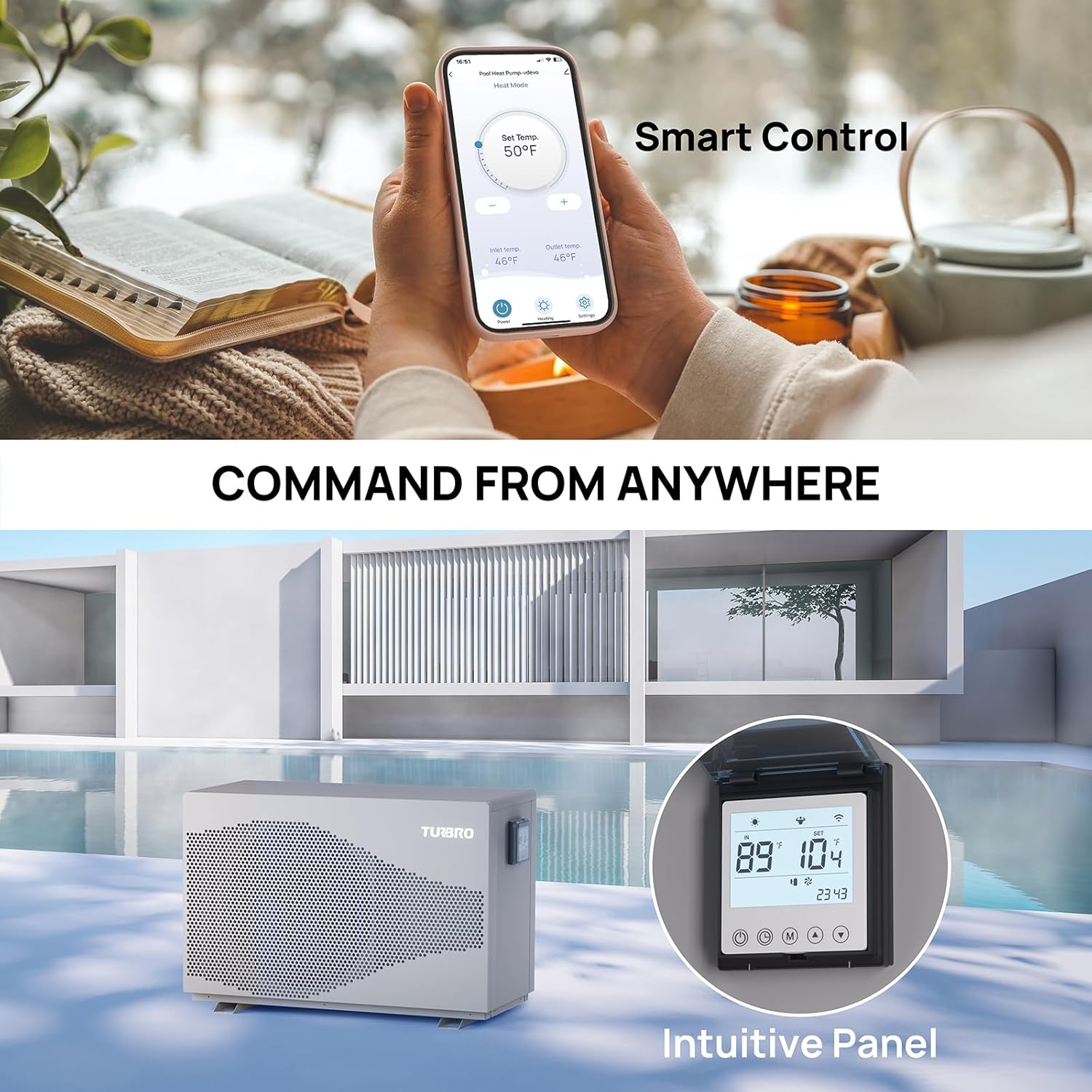 TURBRO 58,000 BTU Inverter Swimming Pool Heat Pump, Up to 18,000 Gallons, Up to 15.8 COP, Smart WiFi Control, Heating & Cooling for Inground and Above Ground Pools, 220-240V, Beluga B58V