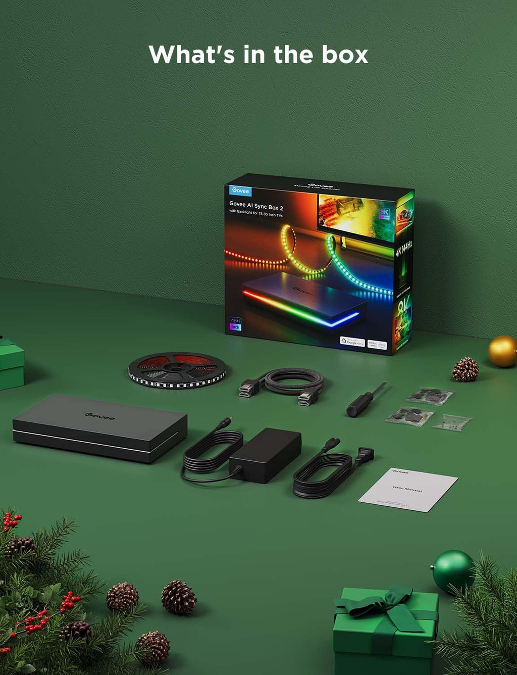 Govee HDMI 2.1 Sync Box 2, AI Sync Box with TV Backlight, Supports 8K@60Hz, 4K@144Hz, VRR and ALLM, Works with SmartThings, Matter and Alexa, RGBIC LED Light Strip for 75-85 inch TVs, 75 LEDs/m