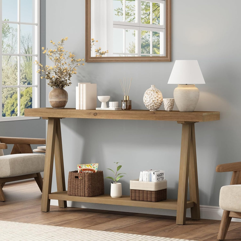 HOKYHOKY Solid Wood Console Tables - 63' Pinewood Farmhouse Rustic Hallway Table, Foyer Tables Living Room, Solid Firwood Sofa Table for Entryway, Brown