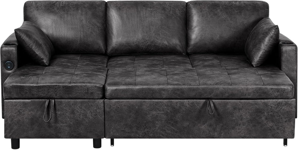 84' Suede Leather Pull Out Sofa Bed w/Adjustable Backrest, Sectional Sleeper Couch w/Storage Chaises and Armrest Pillows, U-Shape Sofa Bed w/USB Port for Living Room, House, Black