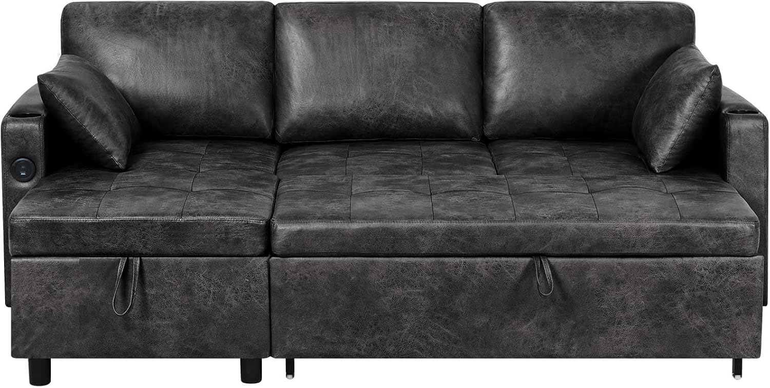 84' Suede Leather Pull Out Sofa Bed w/Adjustable Backrest, Sectional Sleeper Couch w/Storage Chaises and Armrest Pillows, U-Shape Sofa Bed w/USB Port for Living Room, House, Black