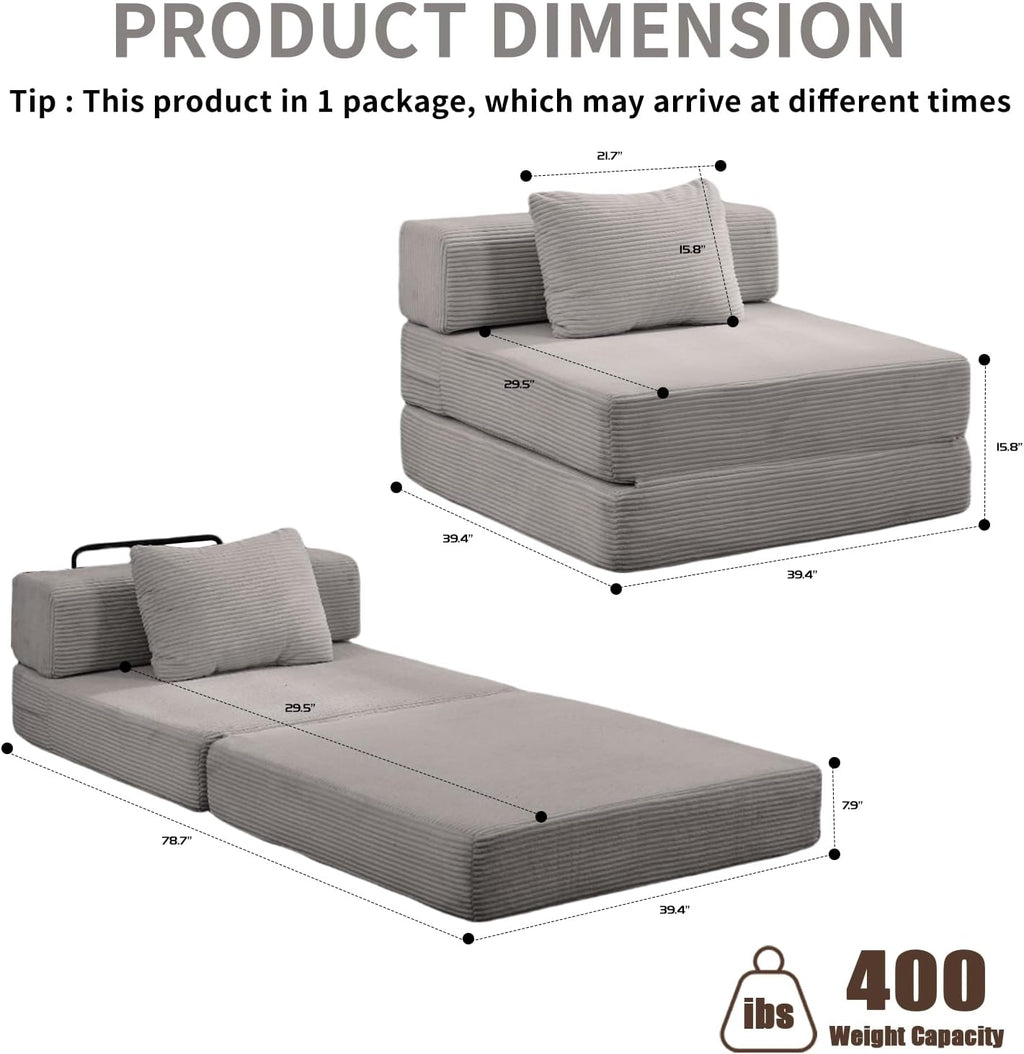 Folding Sofa Bed, Convertible Sleeper Chair with Pillow, Single Sofa with Back Support, Portable Fold Out Chair Cloud Couch Bed, Comfy Floor Sofa Lounge for Living Room Bedroom, Light Grey