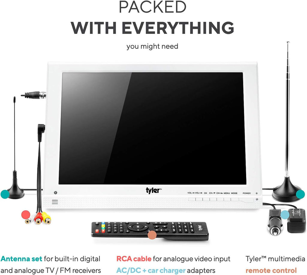 Tyler 13.3' Portable TV LCD Monitor 1080P Rechargeable Lithium Battery Operated, 3 Antenna, HDMI, SD, USB, RCA, FM Radio, Digital Tuner, AV Inputs, AC/DC, TV Stand & Remote Control For Kids Car Travel