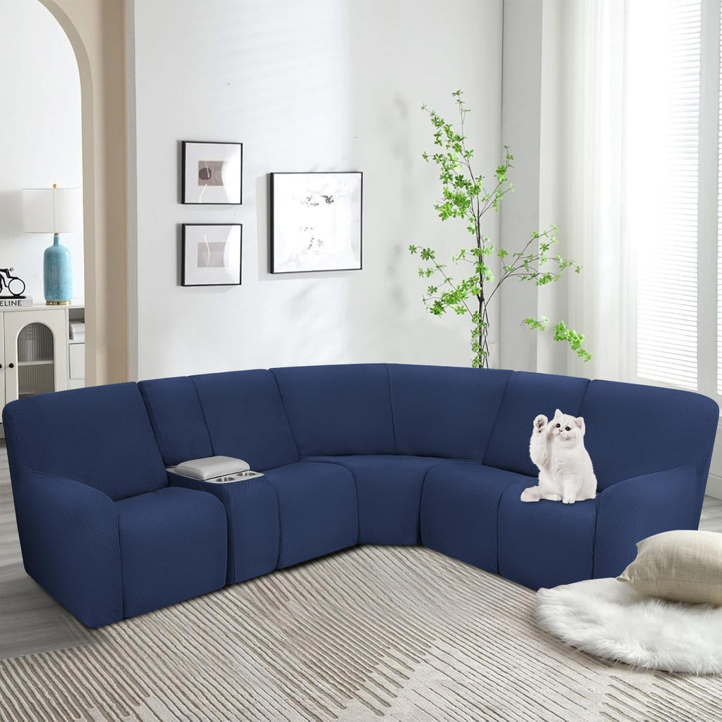 ALIECOM Waterproof Reclining Sectional Couch Covers for Reclining Sectional Stretch L Shaped Recliner Sofa Cover Washable Pet Dog Corner Sofa Slipcovers Protector (5 Seat and 1 Console, Navy Blue)
