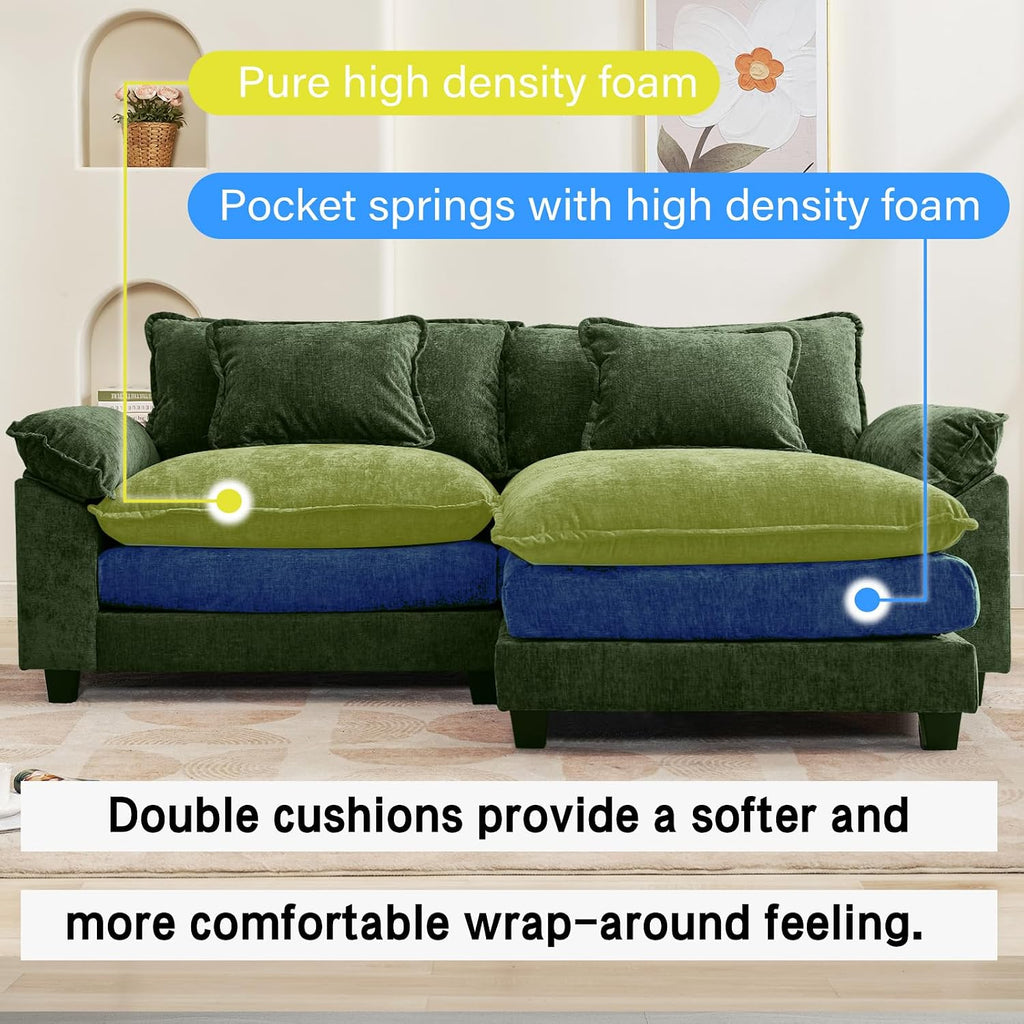 Oprisen 86' Modular Sectional Sofa, Comfy Cloud Couch Sectional Sofa with Ottoman, Chenille Sofa Sleeper Deep Seat Sofa with Throw Pillows for Living Room (Green, 86'- L Shape)