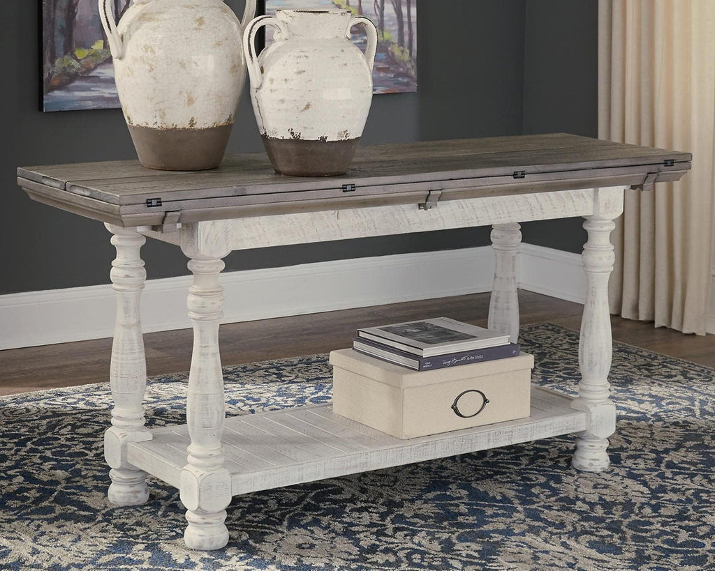 Signature Design by Ashley Havalance Farmhouse Sofa Table, Flip Top Design for Additional Dining Space and Fixed Lower Shelf, Gray & White with Weathered Finish