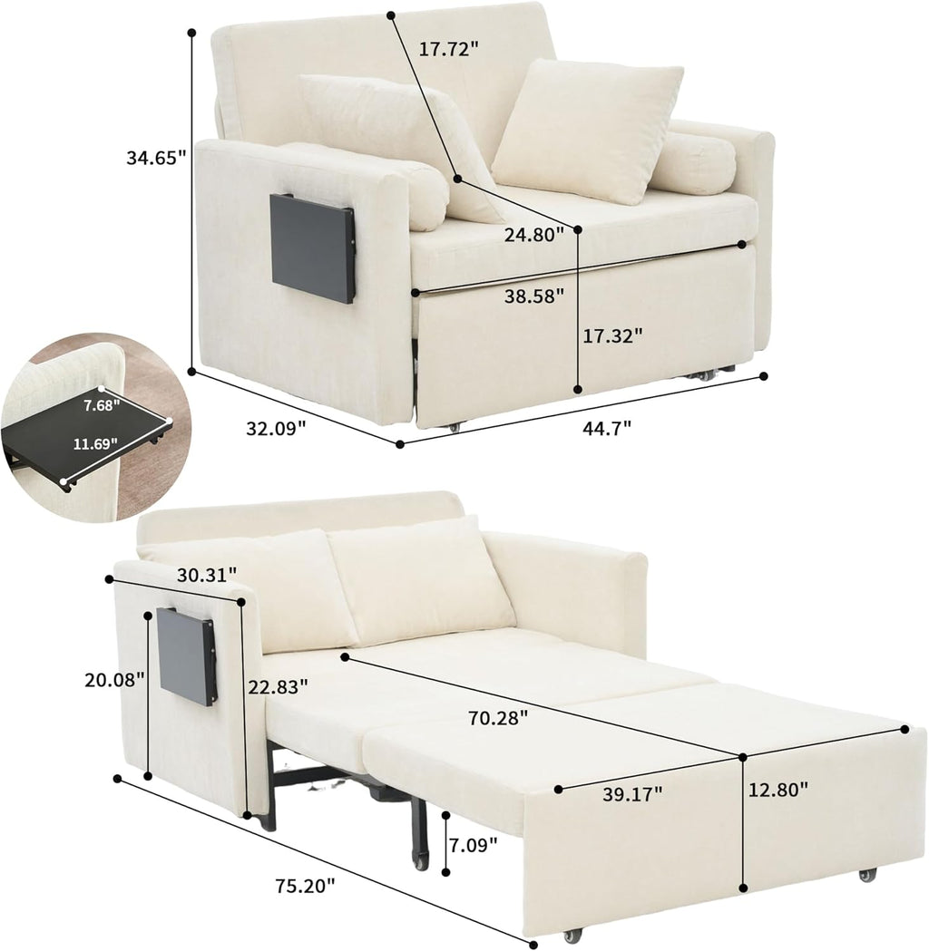 45' Oversize 3-in-1 Sleeper Chair, 75' Long Pull-Out Sleeper Sofa Bed with Wing Table and Side Pocket for Living Room, Bedroom, Small Space, Beige