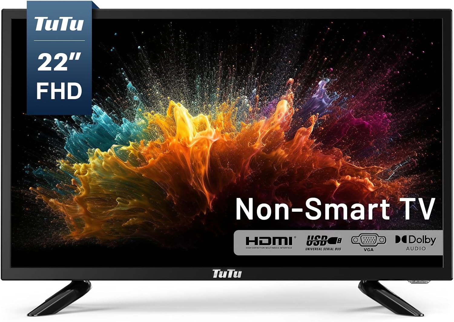 TuTu 22 Inch FHD TV, 2K LED Small Flat Screen Non-Smart Television, Works with Apple TV, Fire Stick, Roku, Google, TiVo, Xumo, and Streaming Devices