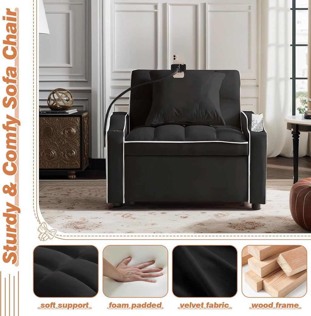 Sleeper Sofa Chair Bed with Charging Ports & Phone Holder & Cup Holder, Modern Velvet 3 in 1 Convertible Pull Out Single Sofa Chair Bed for Small Spaces Apartment, Black