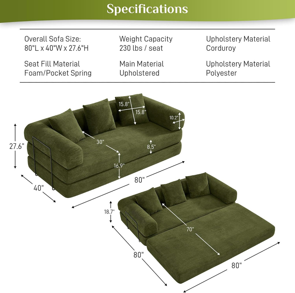 DAMAIFROM Convertible Sleeper Sofa Bed with Cylindrical Pillow,Corduroy Folding Mattress Couch with Fixed-Shape Frame,Modular Floor Sofa Lounge Couch for Living Room Bedroom Lounge,80',Olive Green