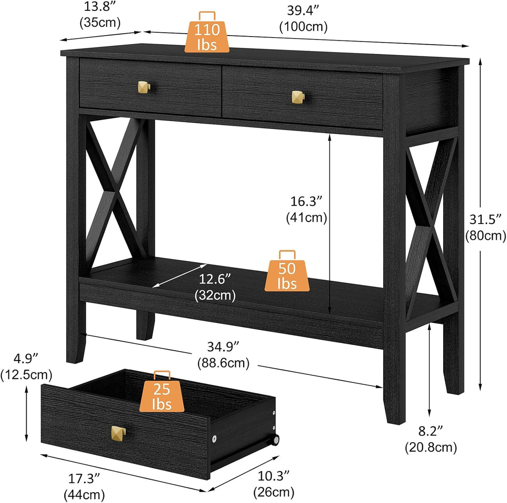 Lomojo Console Table,Sofa Table 13.8' D x 39.37' W x 31.5' HEntryway Table with 2 Drawers Storage Shelve Foyer Table for Entryway Farmhouse Hallway Tables (Black)