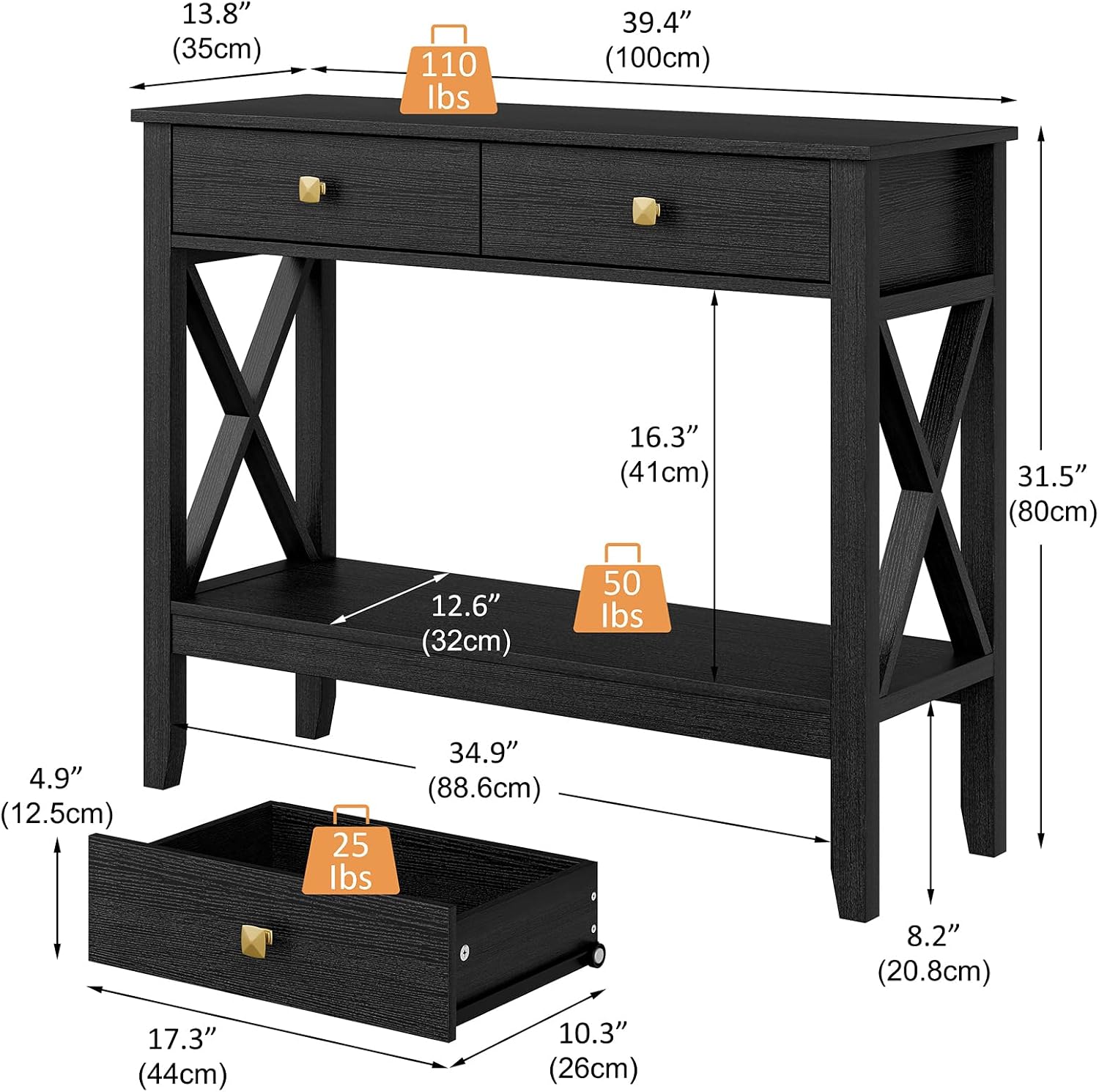 Lomojo Console Table,Sofa Table 13.8' D x 39.37' W x 31.5' HEntryway Table with 2 Drawers Storage Shelve Foyer Table for Entryway Farmhouse Hallway Tables (Black)