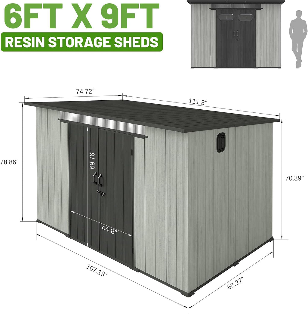 6x9 FT Outdoor Resin Storage Shed with Mats, All-Weather Sloping Plastic Storage Sheds with Lockable Doors & Vents, Outside Tool Storage Shed for Backyard, Garden, Mower, Bike & Pool Equipment