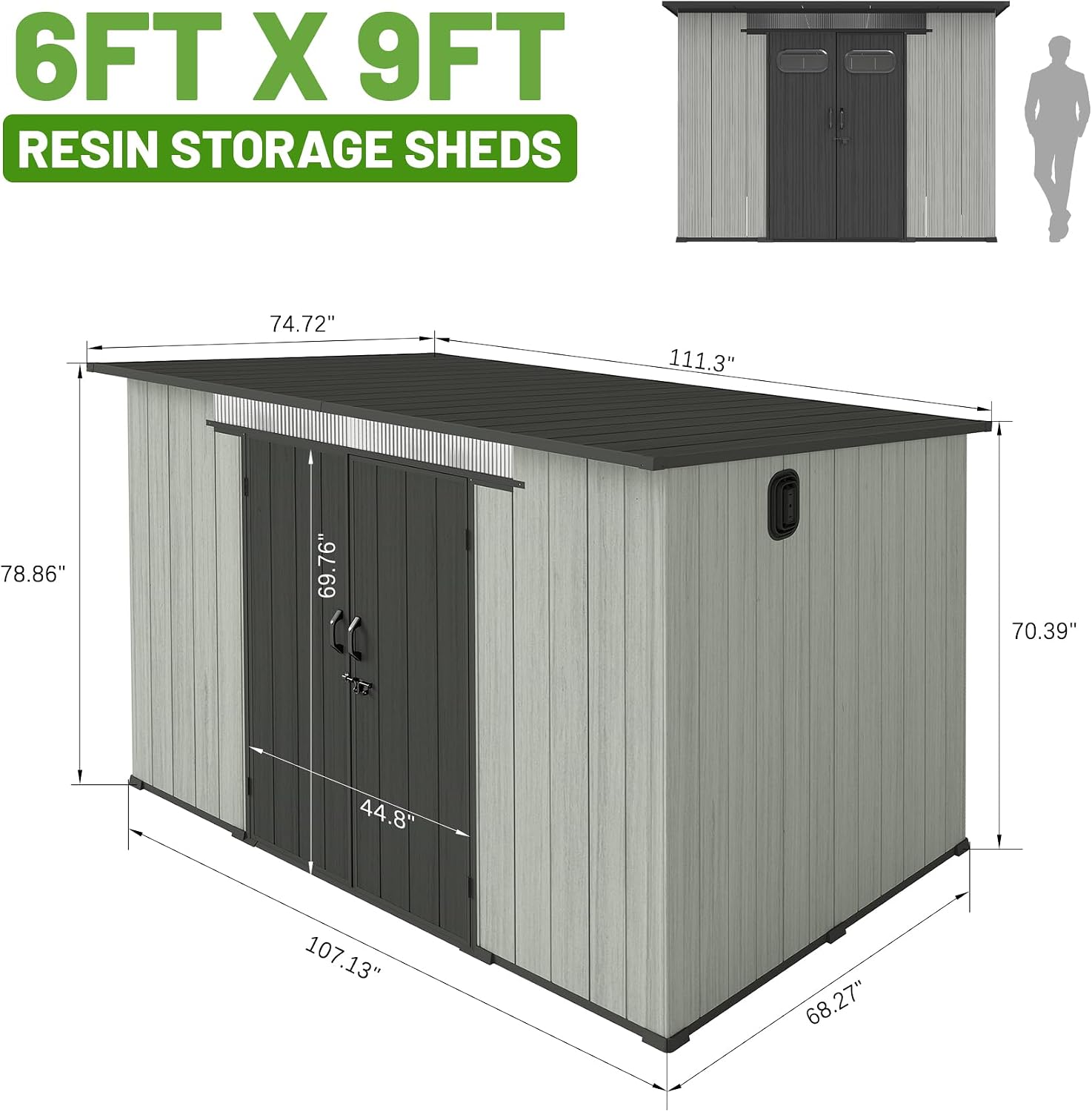 6x9 FT Outdoor Resin Storage Shed with Mats, All-Weather Sloping Plastic Storage Sheds with Lockable Doors & Vents, Outside Tool Storage Shed for Backyard, Garden, Mower, Bike & Pool Equipment