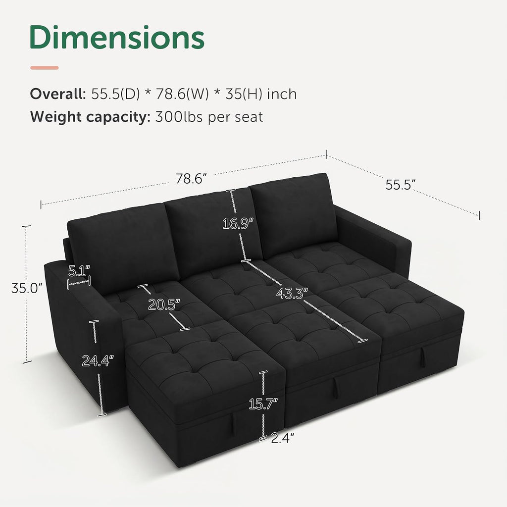 HONBAY Modular Sectional Sleeper Sofa, Sleeper Couch with Storage Seats Oversized Sectional Couches for Living Room,Black